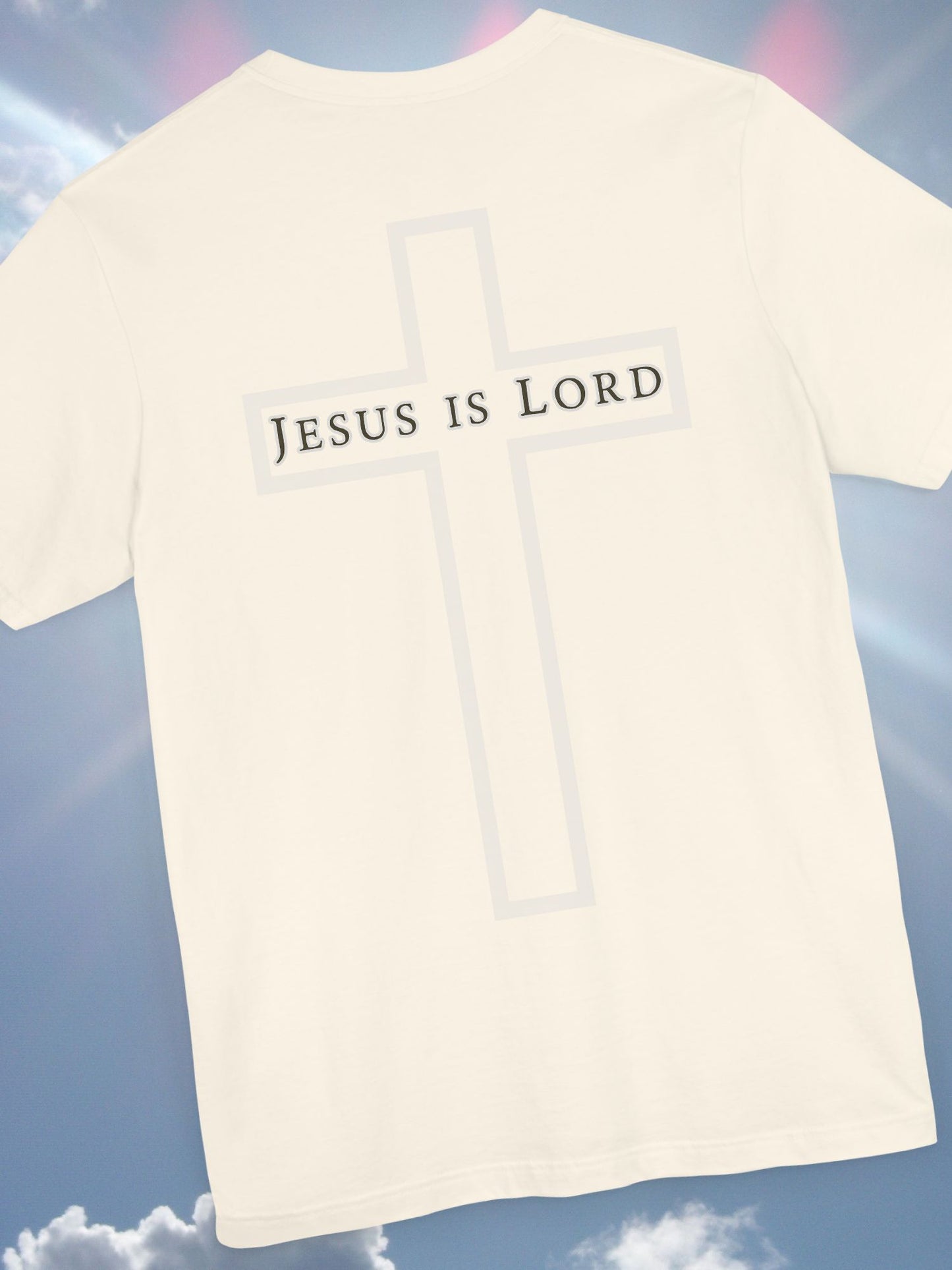 "Jesus is Lord" with Cross (back) Unisex Tee, Christian Apparel, Faith-Based Shirt, Inspirational Gift, Casual Everyday Wear, Religious Tee