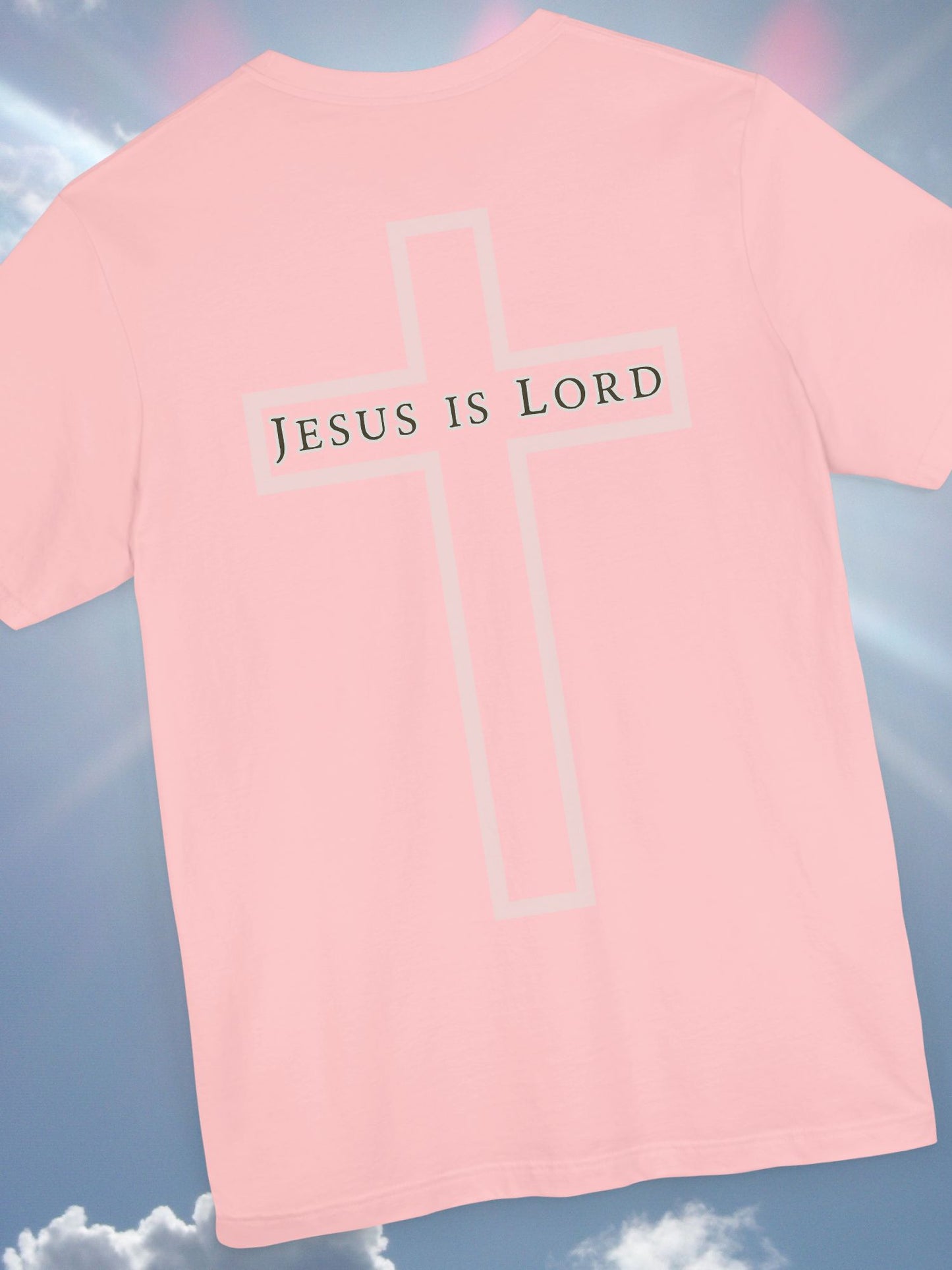 "Jesus is Lord" with Cross (back) Unisex Tee, Christian Apparel, Faith-Based Shirt, Inspirational Gift, Casual Everyday Wear, Religious Tee