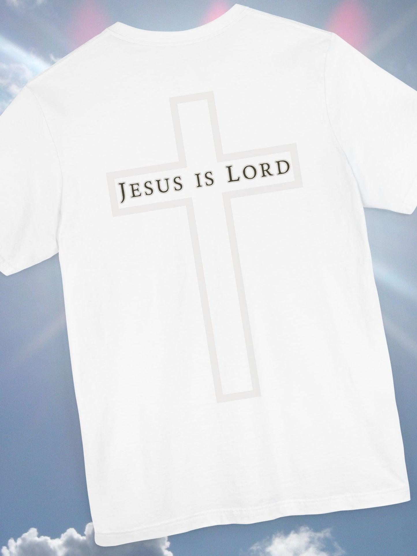 "Jesus is Lord" with Cross (back) Unisex Tee, Christian Apparel, Faith-Based Shirt, Inspirational Gift, Casual Everyday Wear, Religious Tee