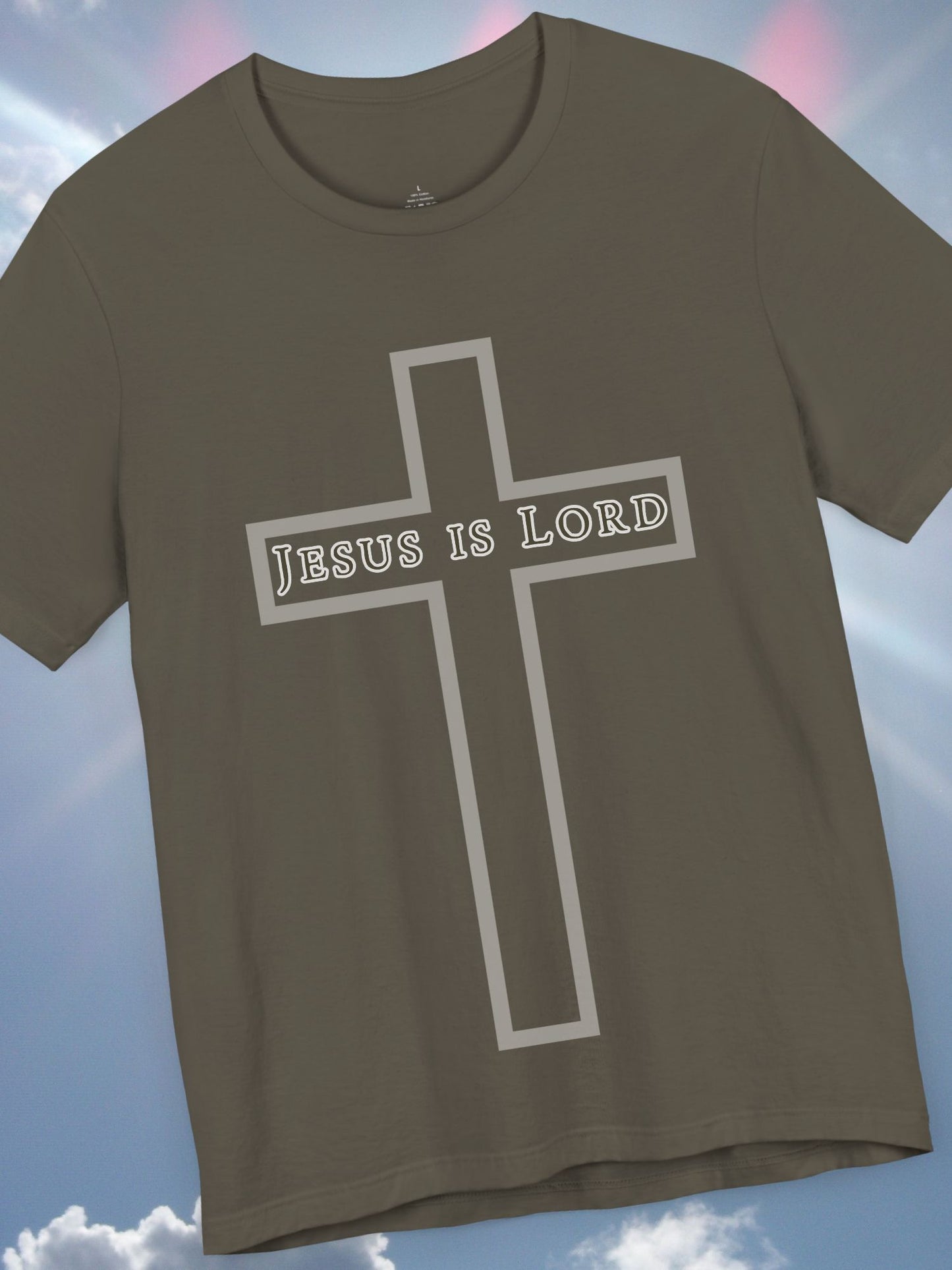 "Jesus is Lord" with Cross (front) Unisex Tee, Christian Apparel, Faith-Based Shirt, Inspirational Gift, Casual Everyday Wear, Religious Tee