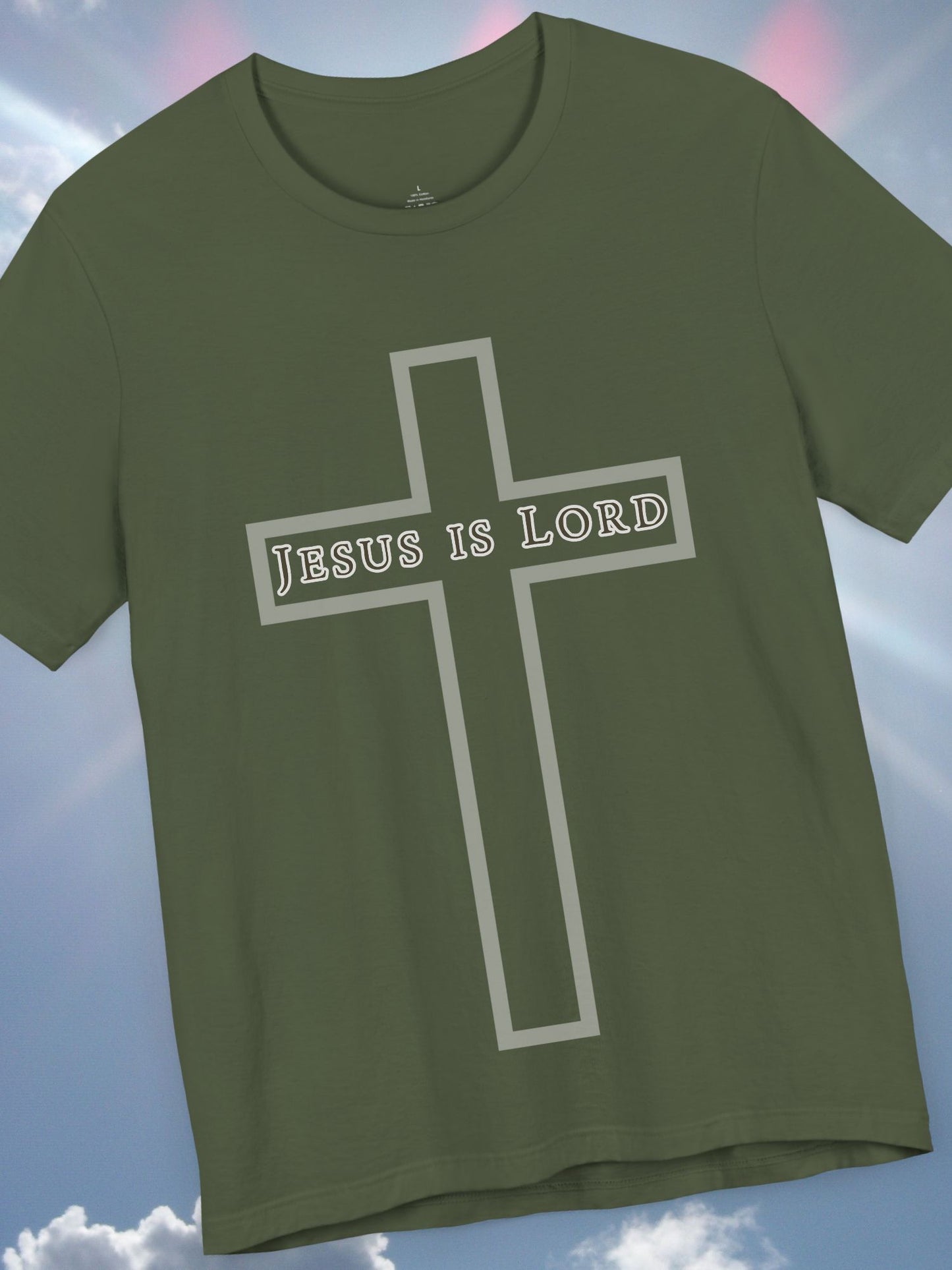"Jesus is Lord" with Cross (front) Unisex Tee, Christian Apparel, Faith-Based Shirt, Inspirational Gift, Casual Everyday Wear, Religious Tee