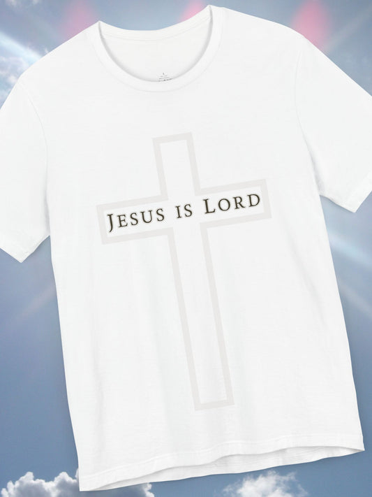"Jesus is Lord" with Cross (front) Unisex Tee, Christian Apparel, Faith-Based Shirt, Inspirational Gift, Casual Everyday Wear, Religious Tee