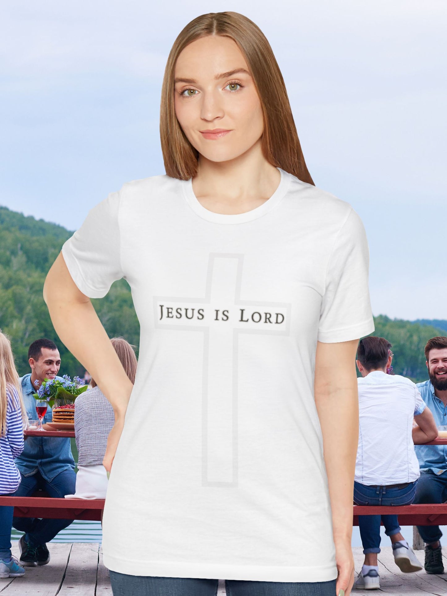 "Jesus is Lord" with Cross (front) Unisex Tee, Christian Apparel, Faith-Based Shirt, Inspirational Gift, Casual Everyday Wear, Religious Tee