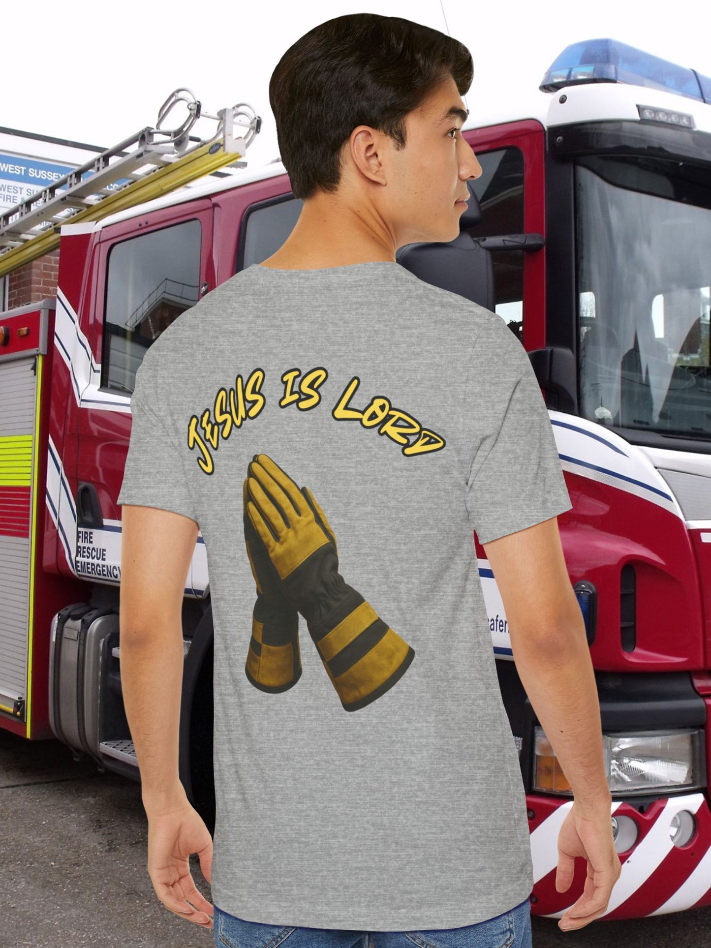 "Jesus is Lord" Firefighter Prayer Hands Design - Unisex Cotton Tee