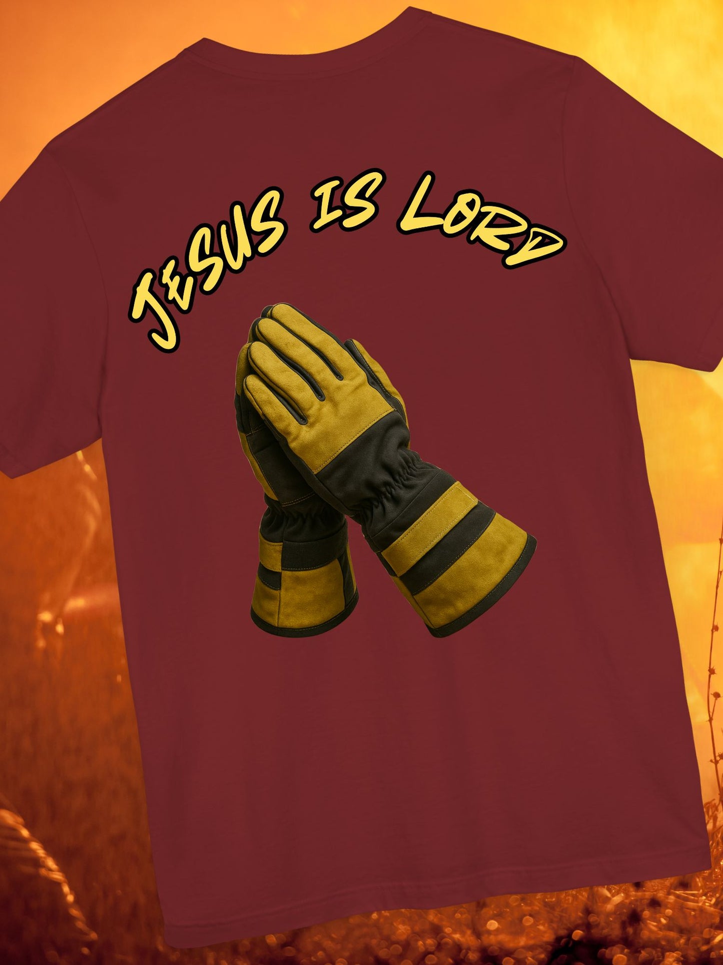 "Jesus is Lord" Firefighter Prayer Hands Design - Unisex Cotton Tee