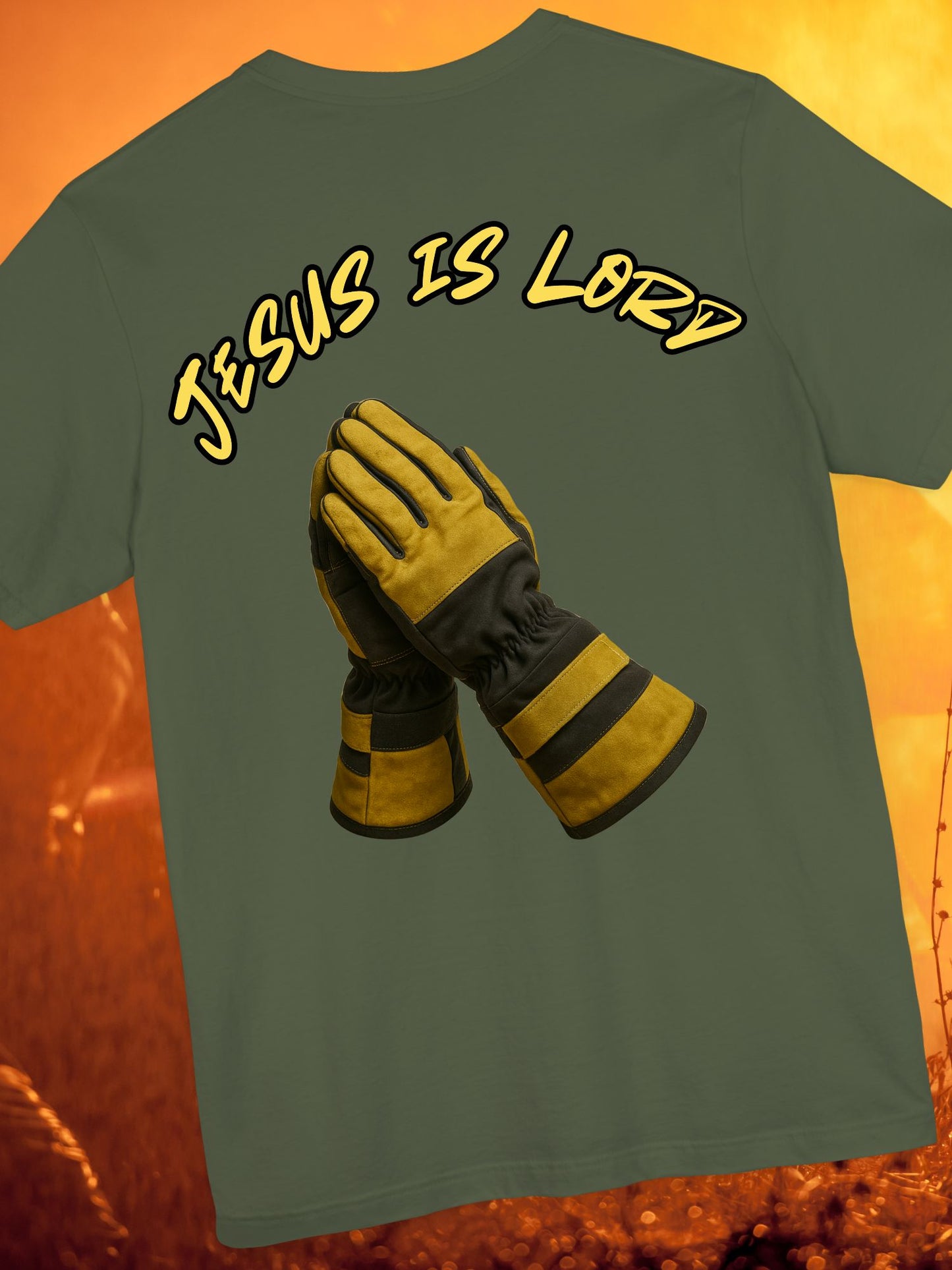 "Jesus is Lord" Firefighter Prayer Hands Design - Unisex Cotton Tee