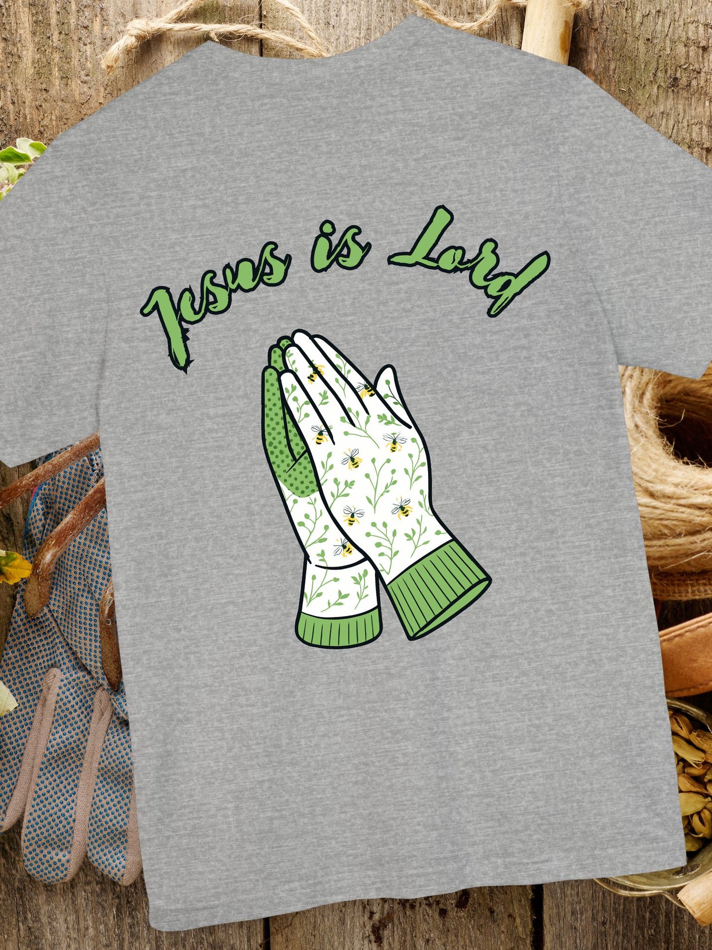 "Jesus is Lord" Prayer Hands Garden Gloves Tee, Unisex Jersey T-shirt, Christian Shirt, Faith-Based Apparel, Religious Gift, Casual Wear
