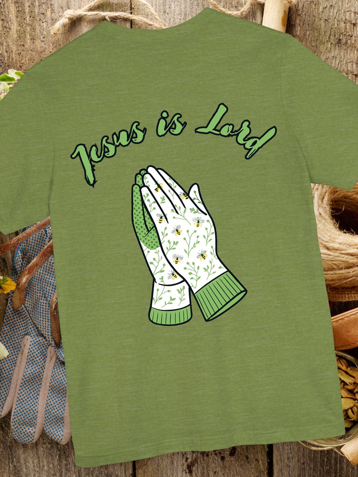 "Jesus is Lord" Prayer Hands Garden Gloves Tee, Unisex Jersey T-shirt, Christian Shirt, Faith-Based Apparel, Religious Gift, Casual Wear