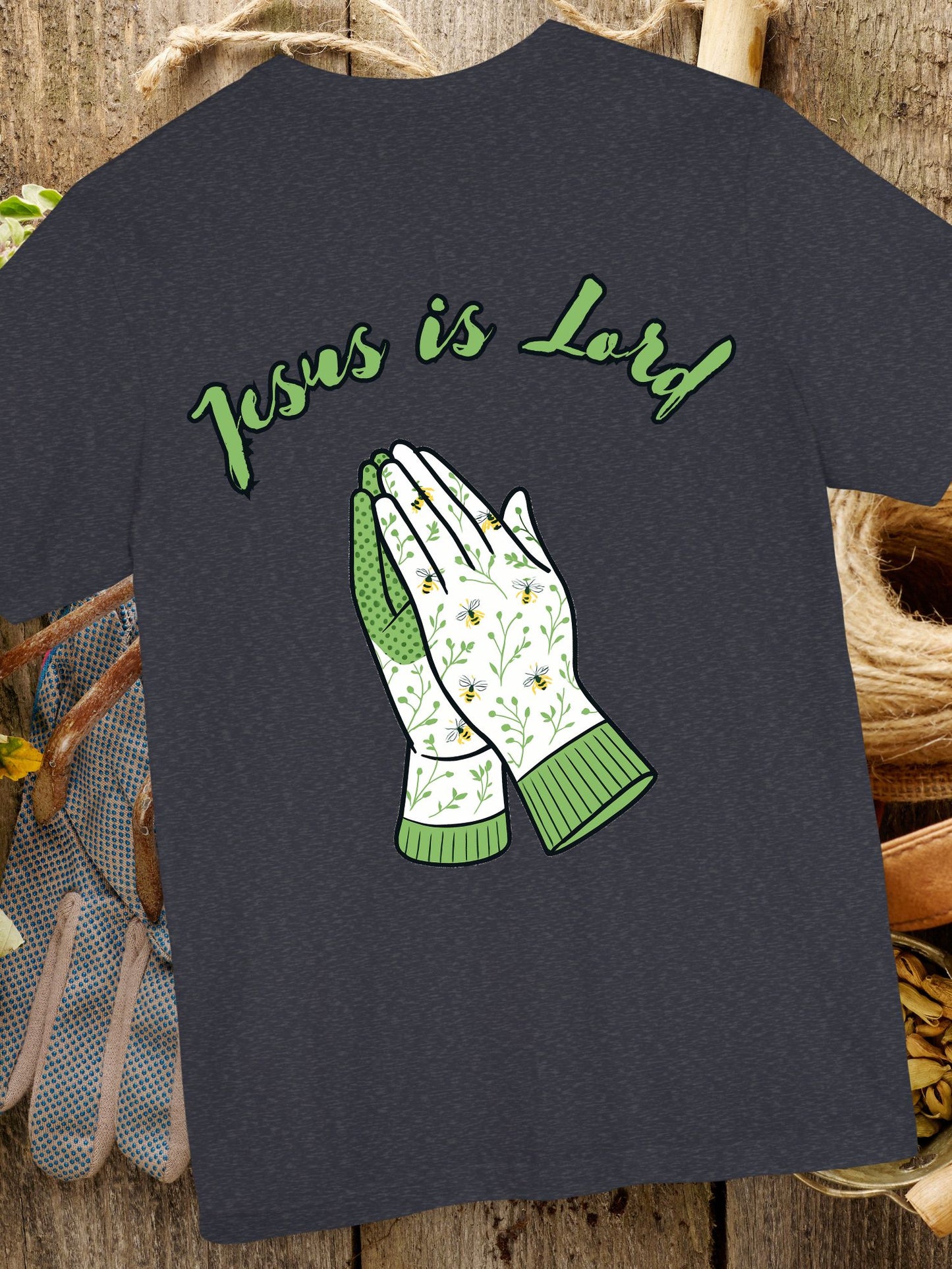 "Jesus is Lord" Prayer Hands Garden Gloves Tee, Unisex Jersey T-shirt, Christian Shirt, Faith-Based Apparel, Religious Gift, Casual Wear