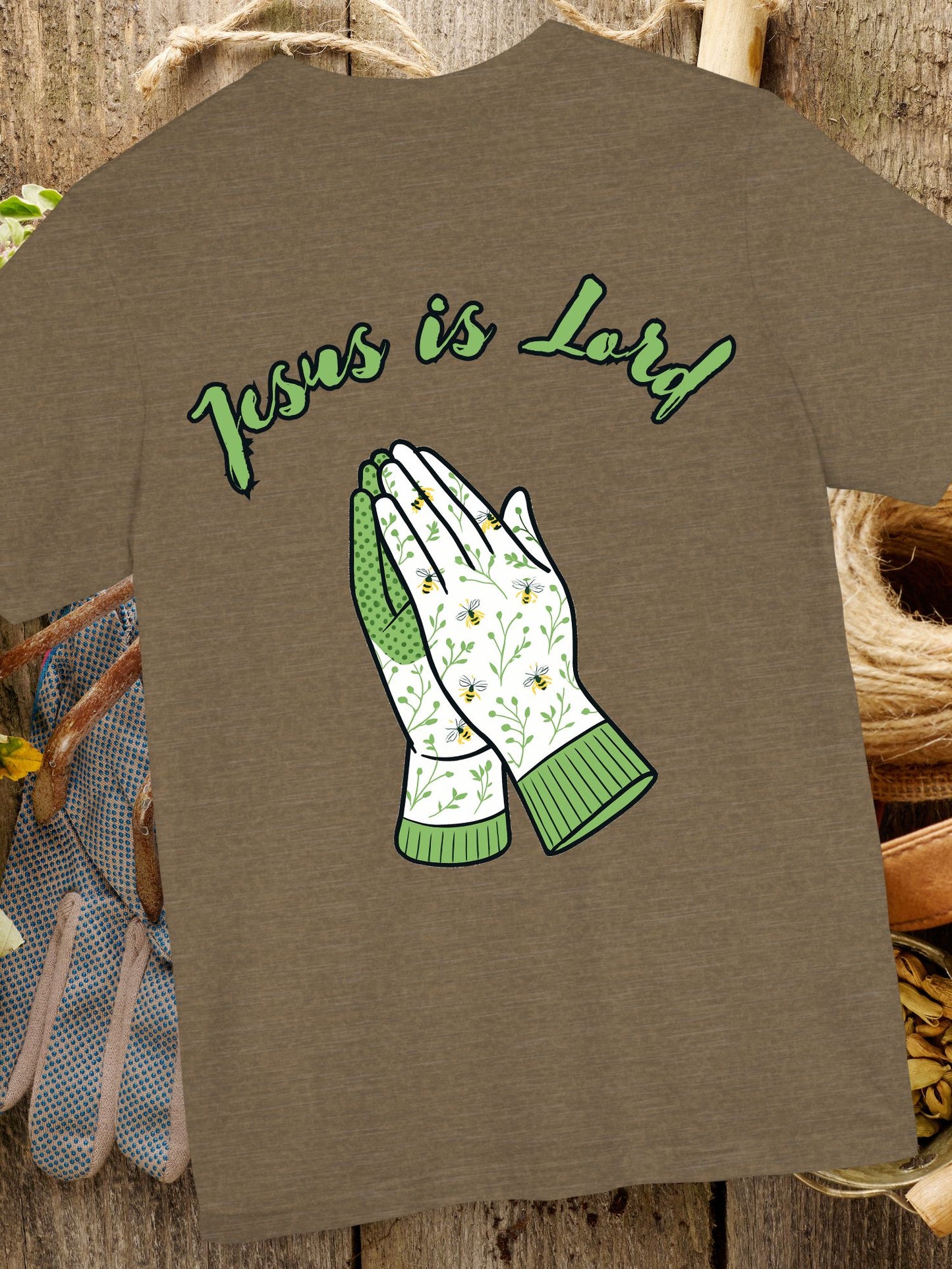 "Jesus is Lord" Prayer Hands Garden Gloves Tee, Unisex Jersey T-shirt, Christian Shirt, Faith-Based Apparel, Religious Gift, Casual Wear