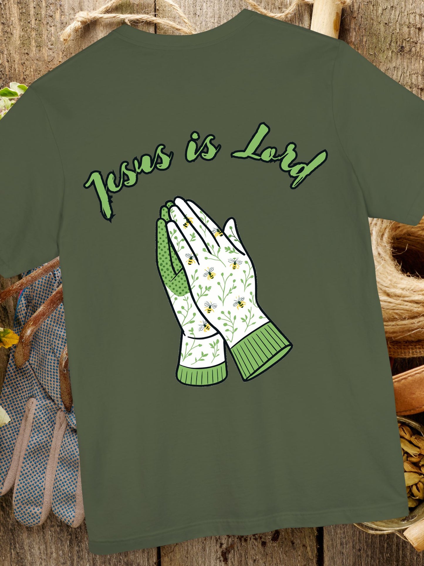"Jesus is Lord" Prayer Hands Garden Gloves Tee, Unisex Jersey T-shirt, Christian Shirt, Faith-Based Apparel, Religious Gift, Casual Wear