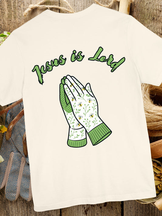 "Jesus is Lord" Prayer Hands Garden Gloves Tee, Unisex Jersey T-shirt, Christian Shirt, Faith-Based Apparel, Religious Gift, Casual Wear