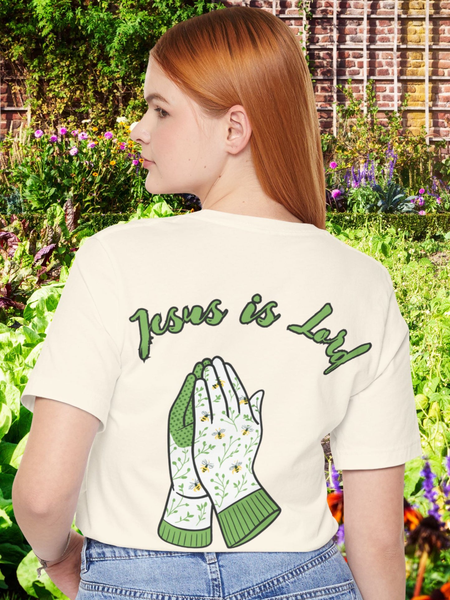 "Jesus is Lord" Prayer Hands Garden Gloves Tee, Unisex Jersey T-shirt, Christian Shirt, Faith-Based Apparel, Religious Gift, Casual Wear