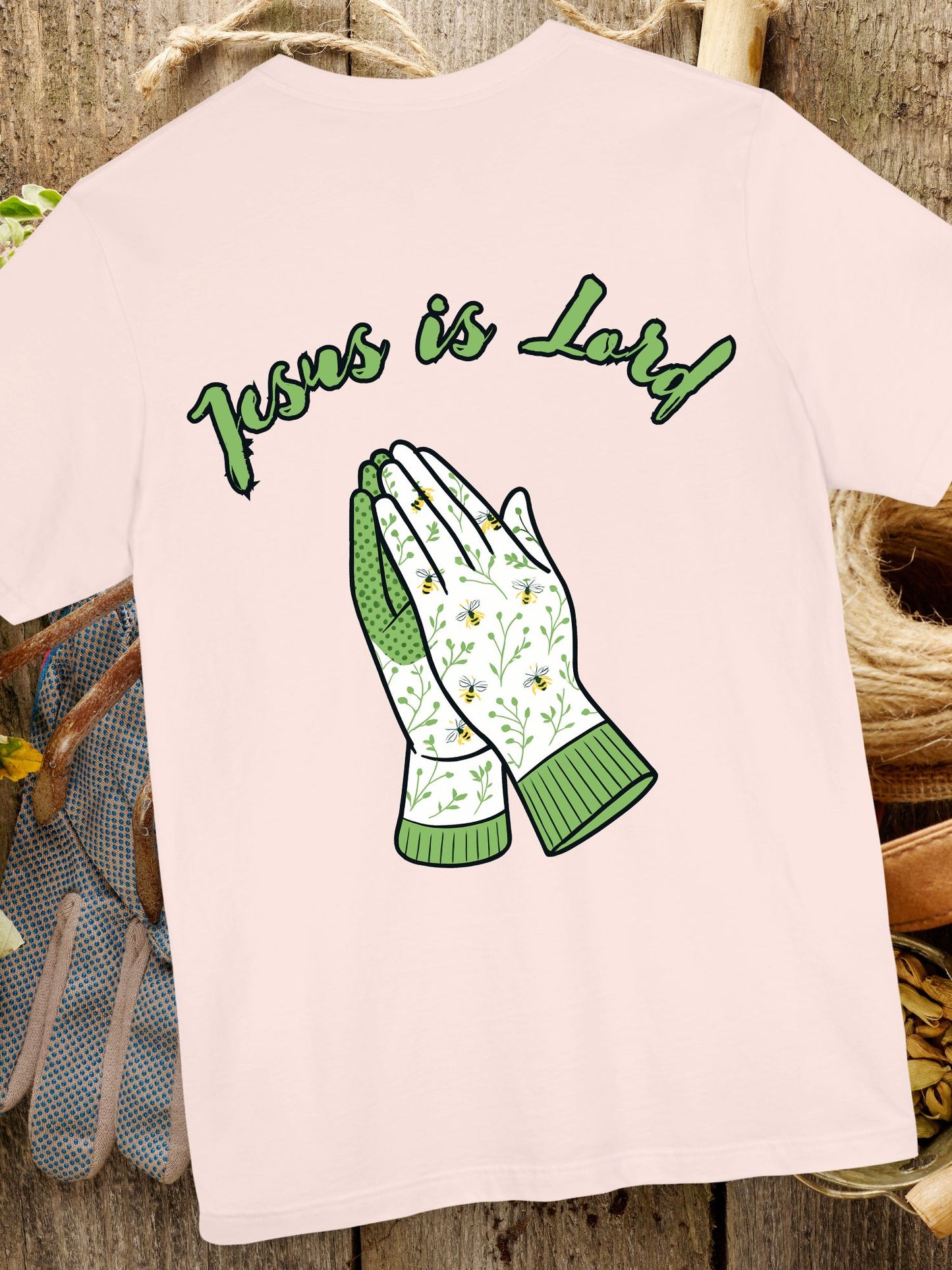 "Jesus is Lord" Prayer Hands Garden Gloves Tee, Unisex Jersey T-shirt, Christian Shirt, Faith-Based Apparel, Religious Gift, Casual Wear