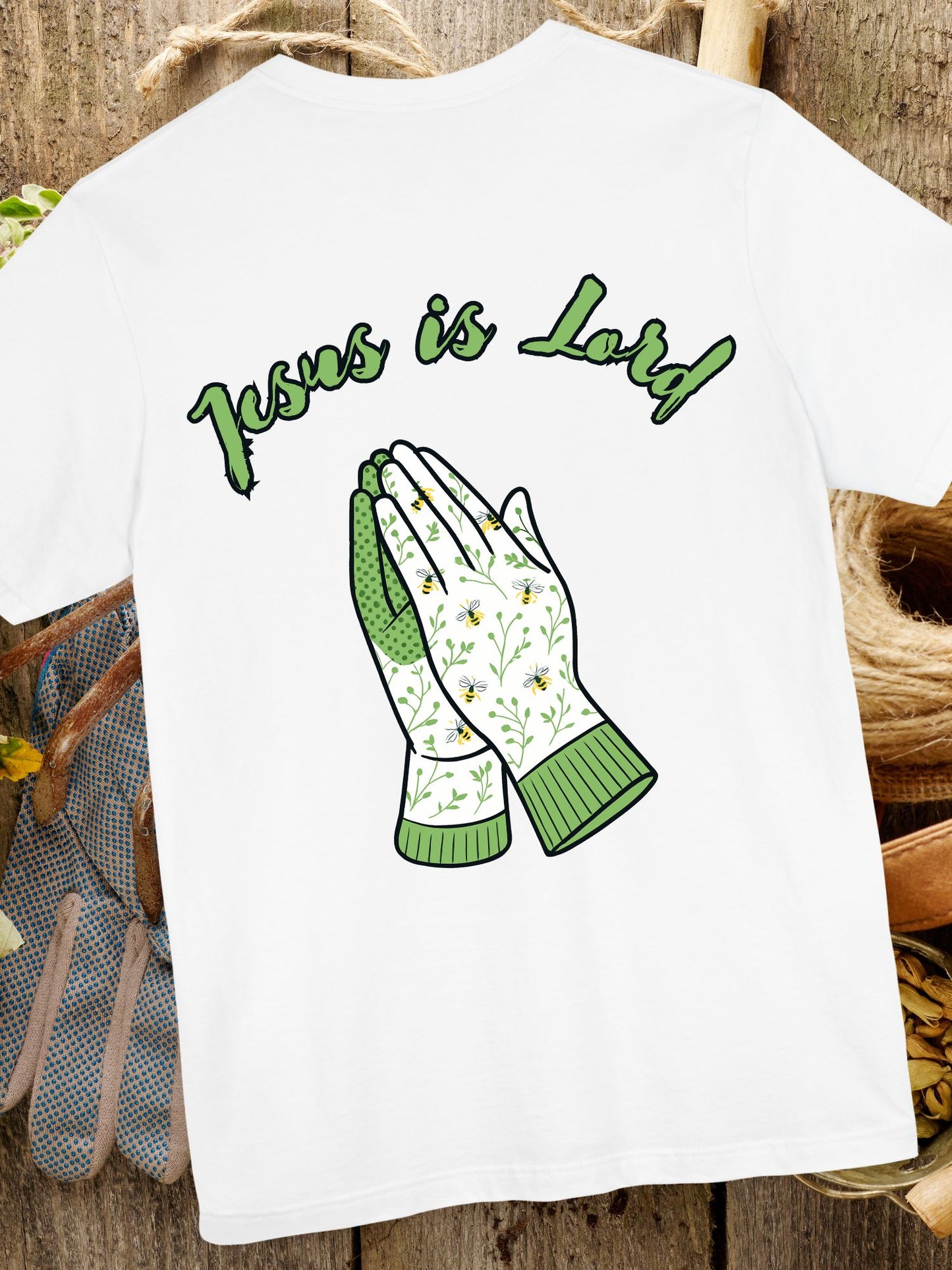 "Jesus is Lord" Prayer Hands Garden Gloves Tee, Unisex Jersey T-shirt, Christian Shirt, Faith-Based Apparel, Religious Gift, Casual Wear