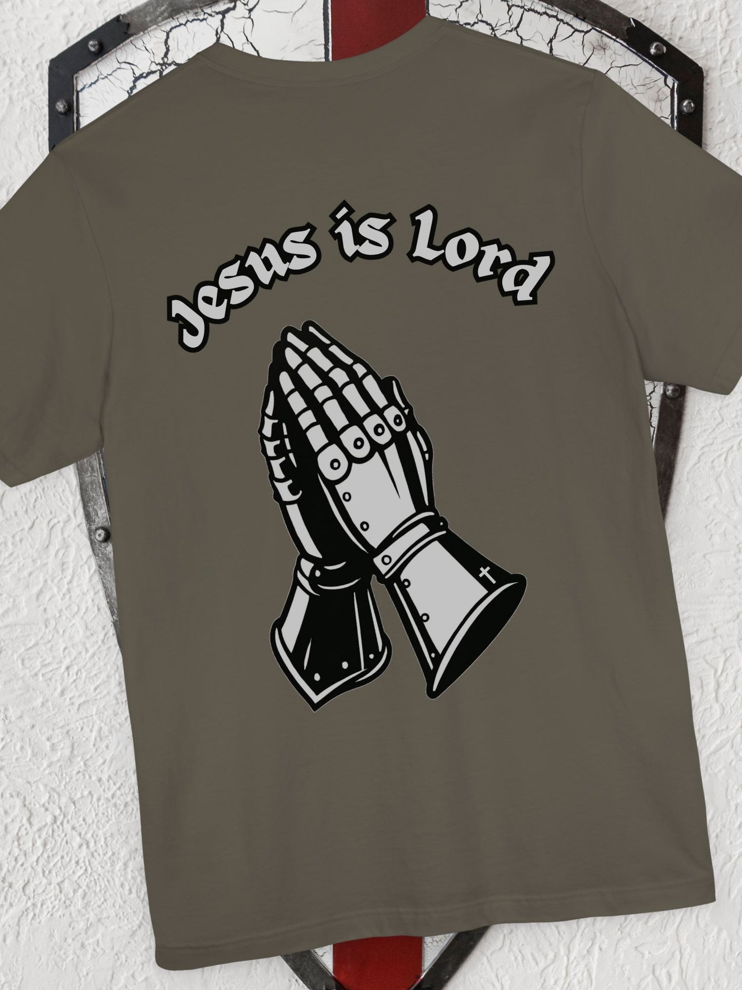 "Jesus is Lord" Knight's Gauntlets Prayer Hands Unisex T-shirt, Christian Apparel, Gift for Christians