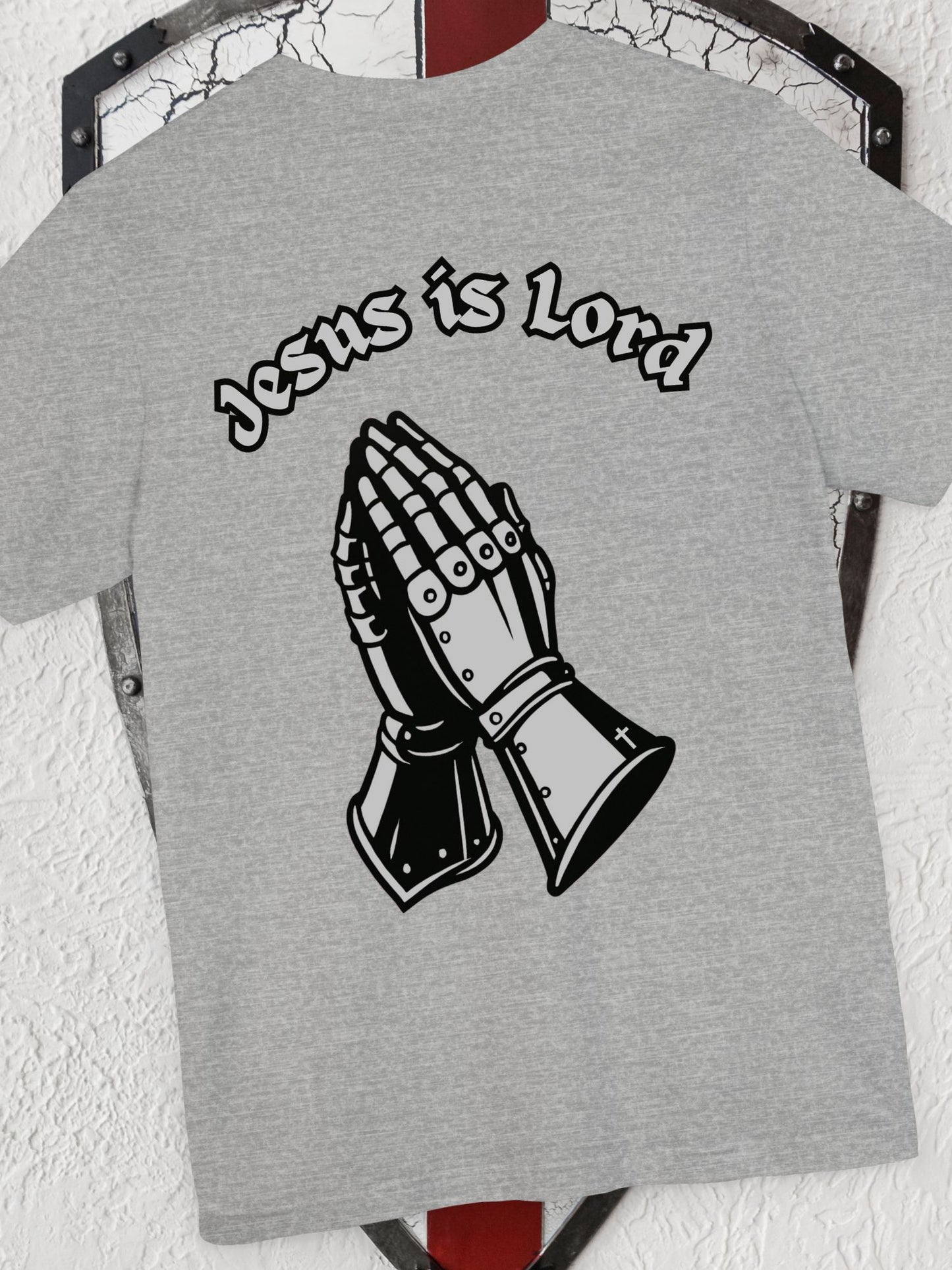 "Jesus is Lord" Knight's Gauntlets Prayer Hands Unisex T-shirt, Christian Apparel, Gift for Christians