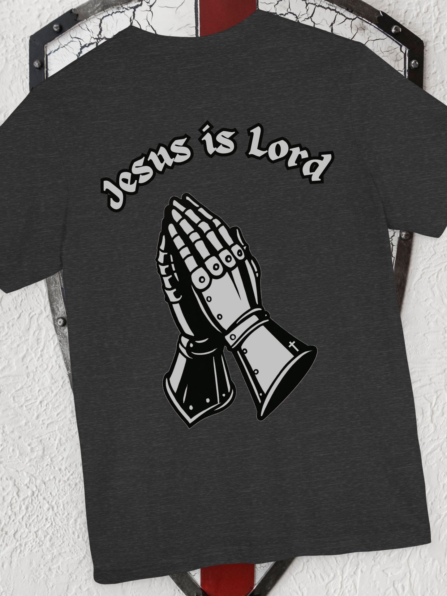 "Jesus is Lord" Knight's Gauntlets Prayer Hands Unisex T-shirt, Christian Apparel, Gift for Christians