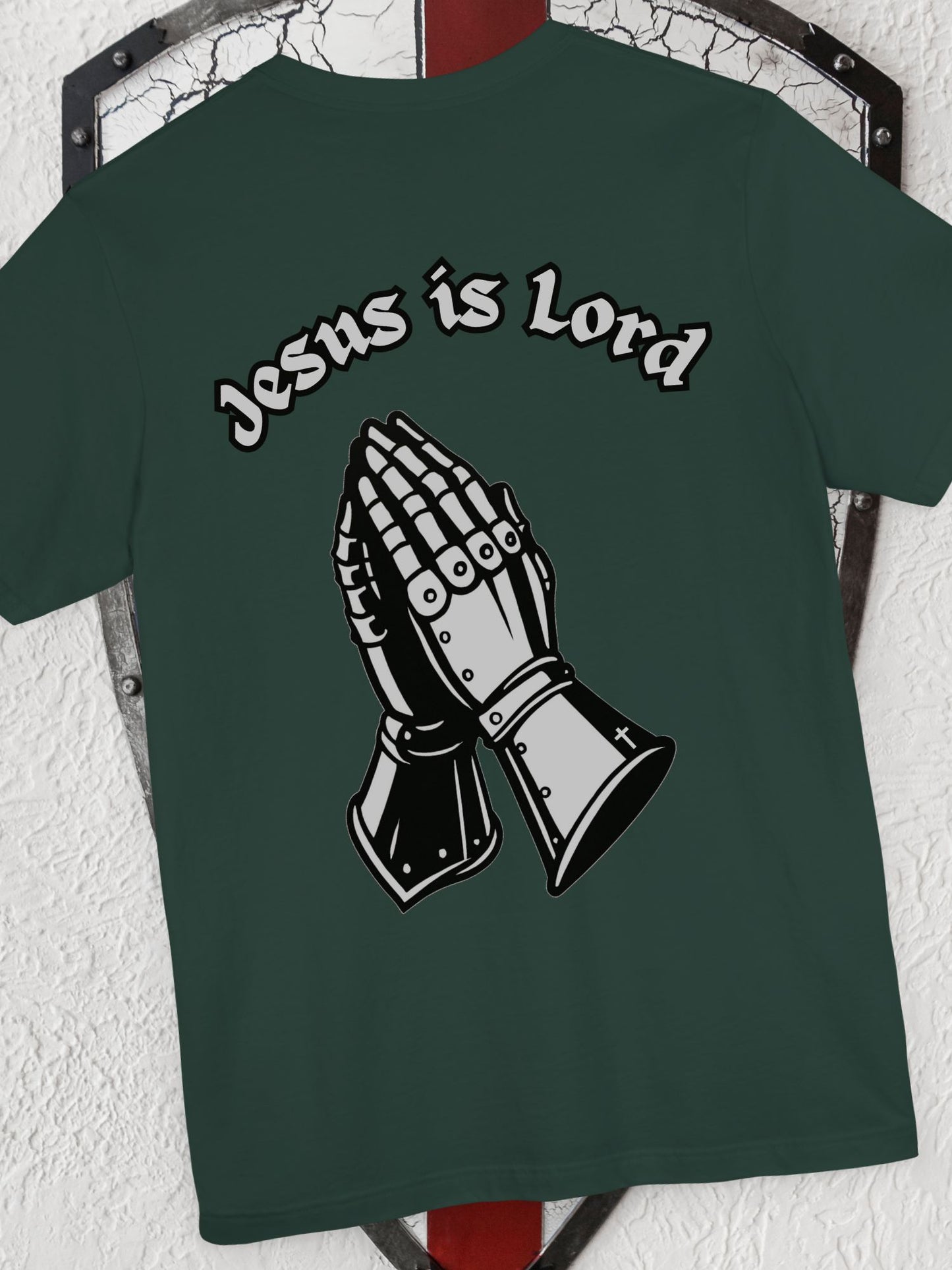 "Jesus is Lord" Knight's Gauntlets Prayer Hands Unisex T-shirt, Christian Apparel, Gift for Christians