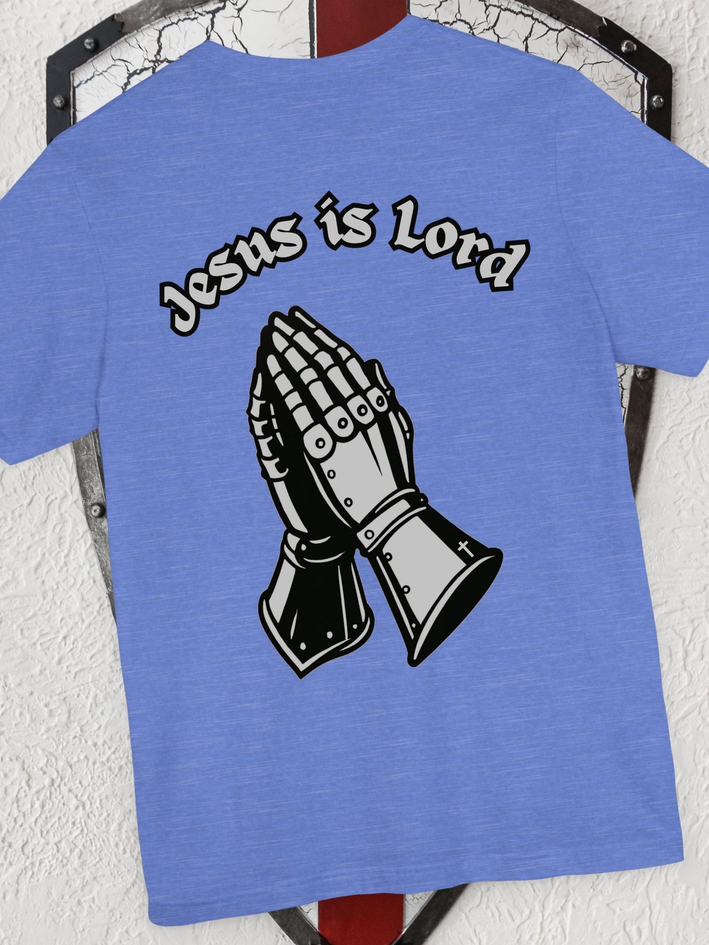 "Jesus is Lord" Knight's Gauntlets Prayer Hands Unisex T-shirt, Christian Apparel, Gift for Christians