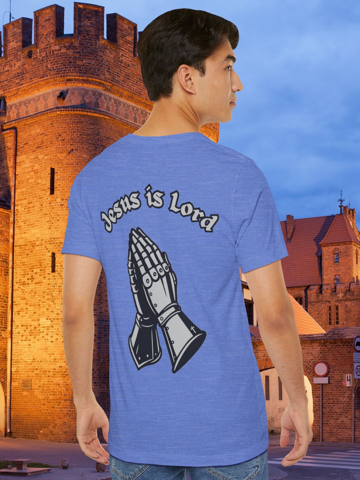"Jesus is Lord" Knight's Gauntlets Prayer Hands Unisex T-shirt, Christian Apparel, Gift for Christians