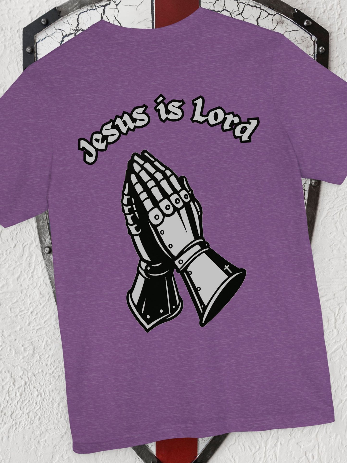 "Jesus is Lord" Knight's Gauntlets Prayer Hands Unisex T-shirt, Christian Apparel, Gift for Christians
