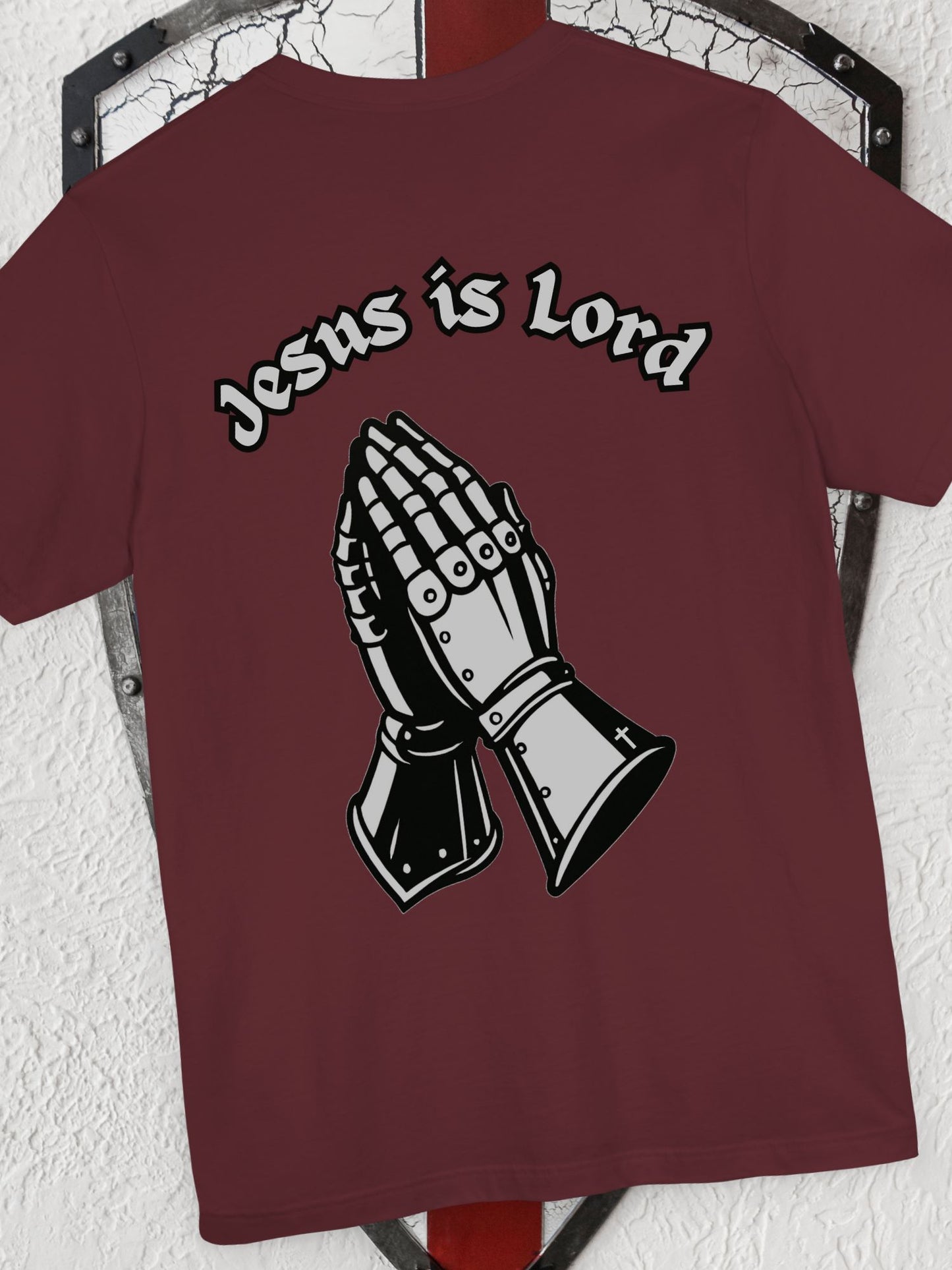 "Jesus is Lord" Knight's Gauntlets Prayer Hands Unisex T-shirt, Christian Apparel, Gift for Christians