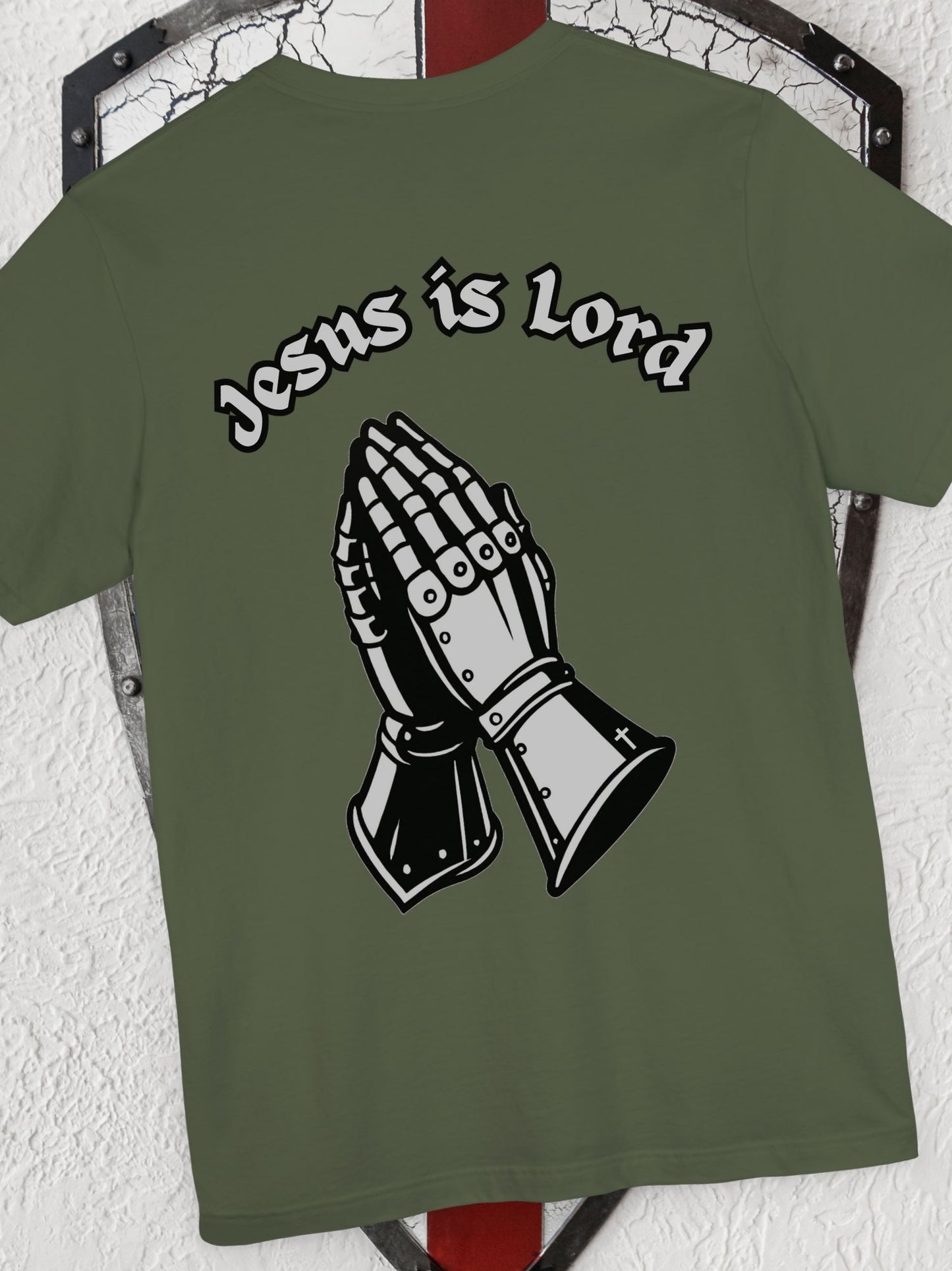 "Jesus is Lord" Knight's Gauntlets Prayer Hands Unisex T-shirt, Christian Apparel, Gift for Christians