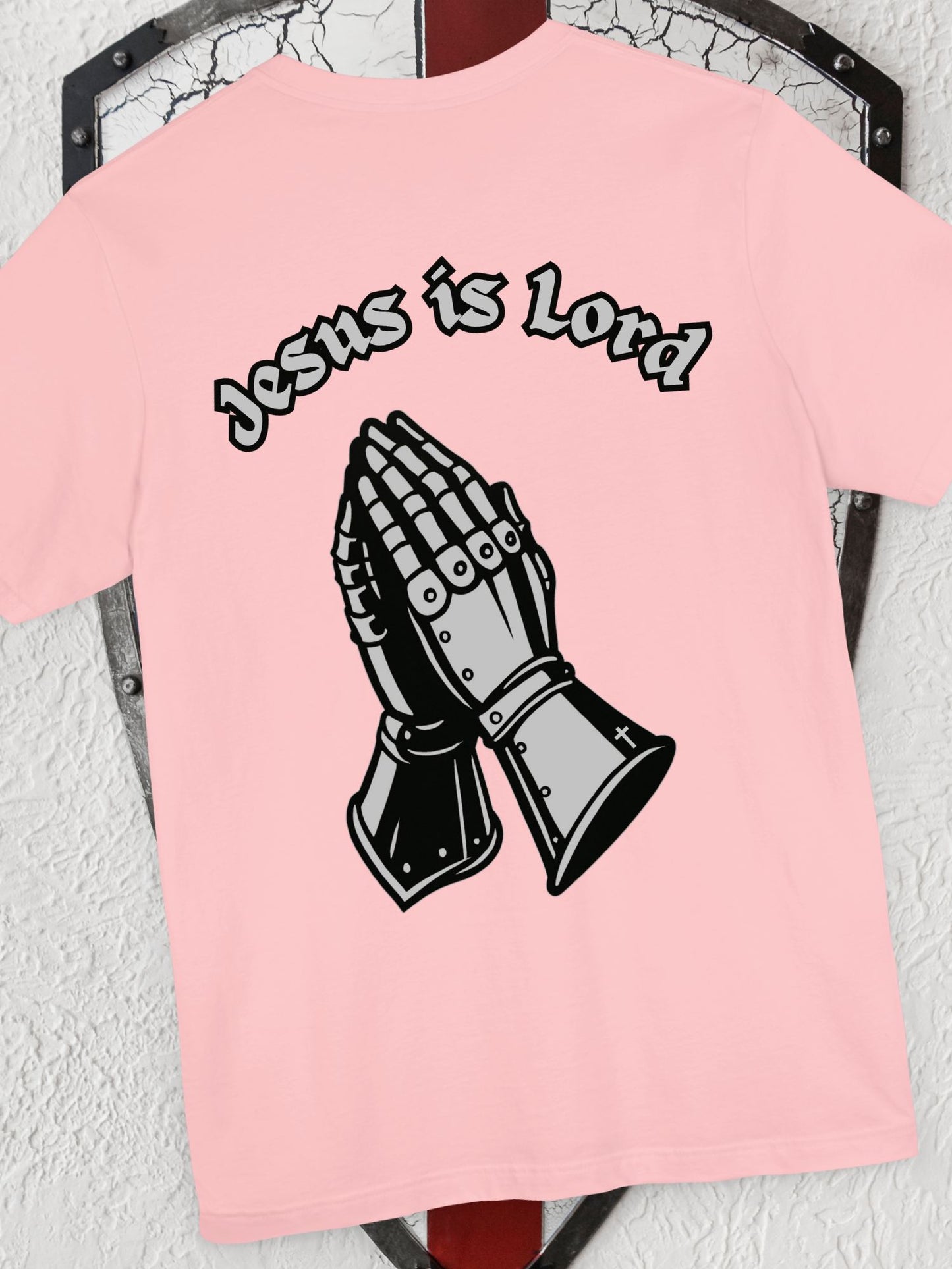 "Jesus is Lord" Knight's Gauntlets Prayer Hands Unisex T-shirt, Christian Apparel, Gift for Christians