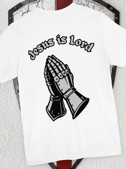 "Jesus is Lord" Knight's Gauntlets Prayer Hands Unisex T-shirt, Christian Apparel, Gift for Christians