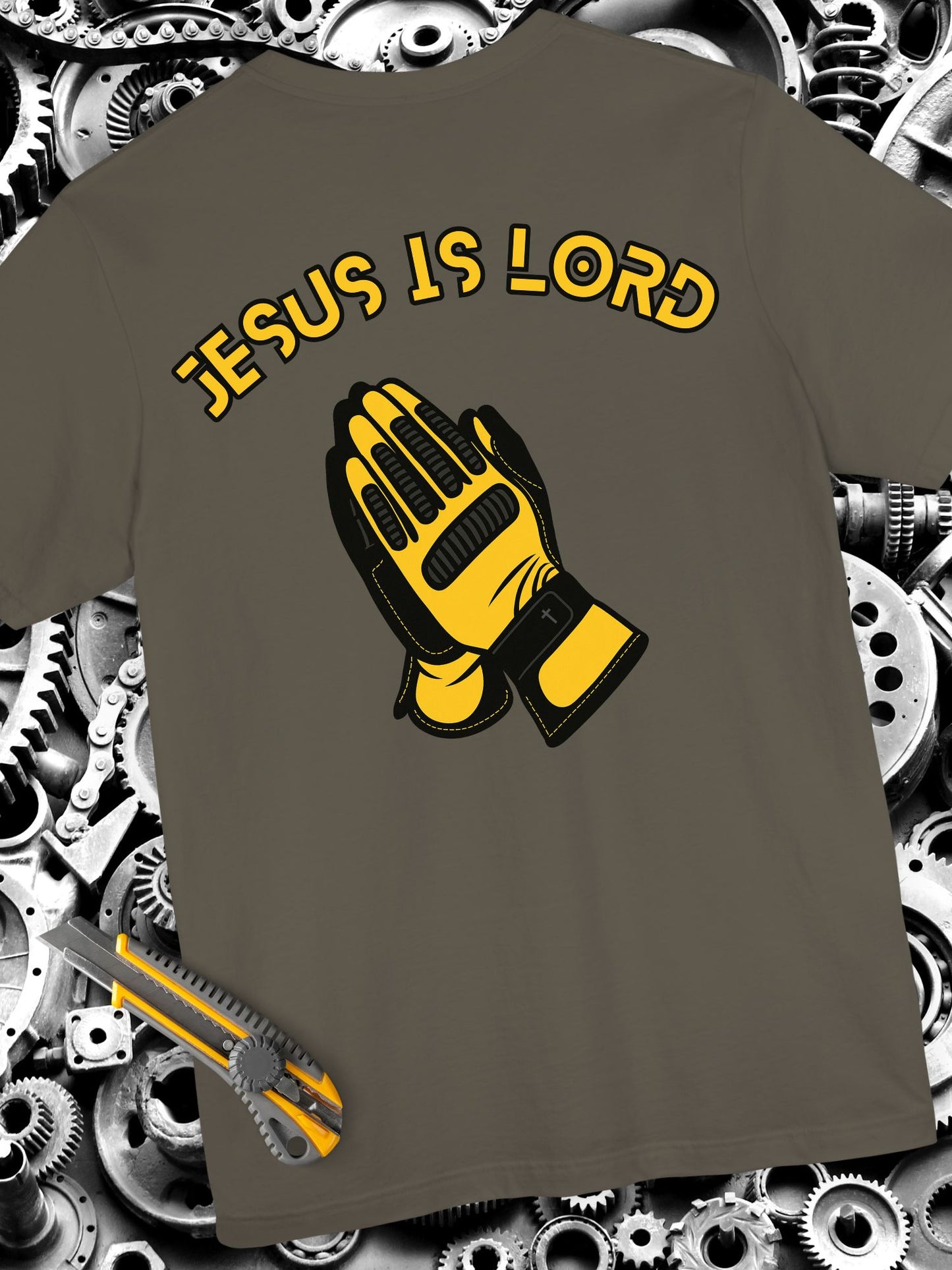"Jesus is Lord" Mechanic or Box Handler Gloves Prayer Hands Tee, Unisex Short T-shirt, Faith-Based Apparel, Christian Gift, Casual Everyday Wear