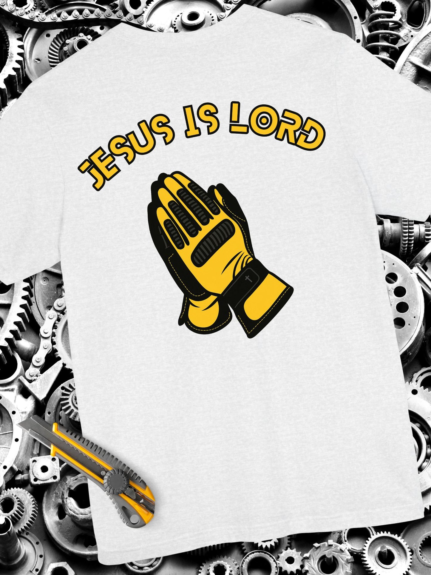 "Jesus is Lord" Mechanic or Box Handler Gloves Prayer Hands Tee, Unisex Short T-shirt, Faith-Based Apparel, Christian Gift, Casual Everyday Wear