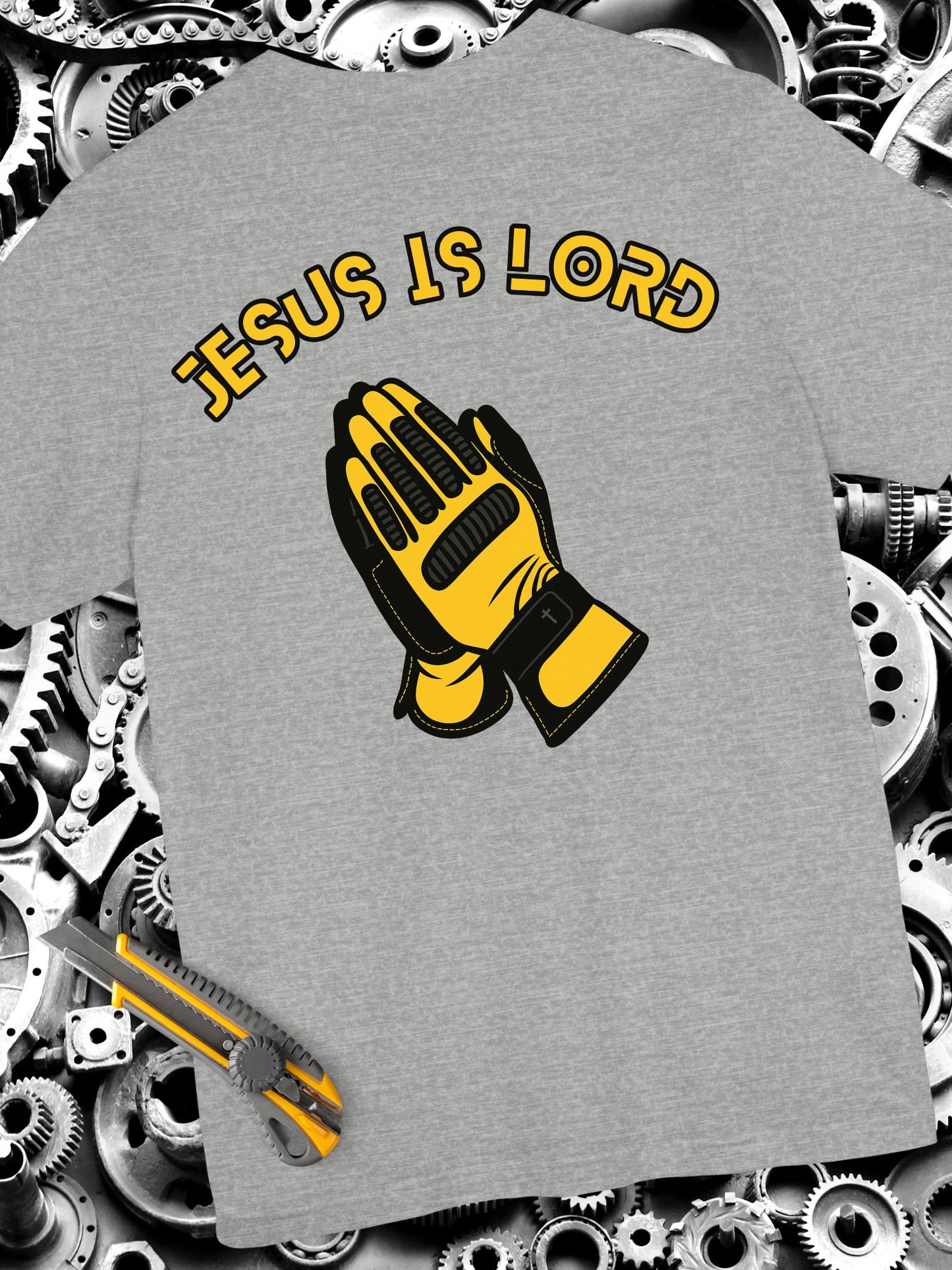 "Jesus is Lord" Mechanic or Box Handler Gloves Prayer Hands Tee, Unisex Short T-shirt, Faith-Based Apparel, Christian Gift, Casual Everyday Wear