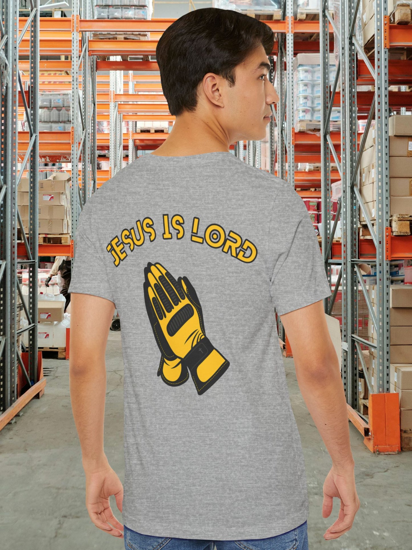 "Jesus is Lord" Mechanic or Box Handler Gloves Prayer Hands Tee, Unisex Short T-shirt, Faith-Based Apparel, Christian Gift, Casual Everyday Wear