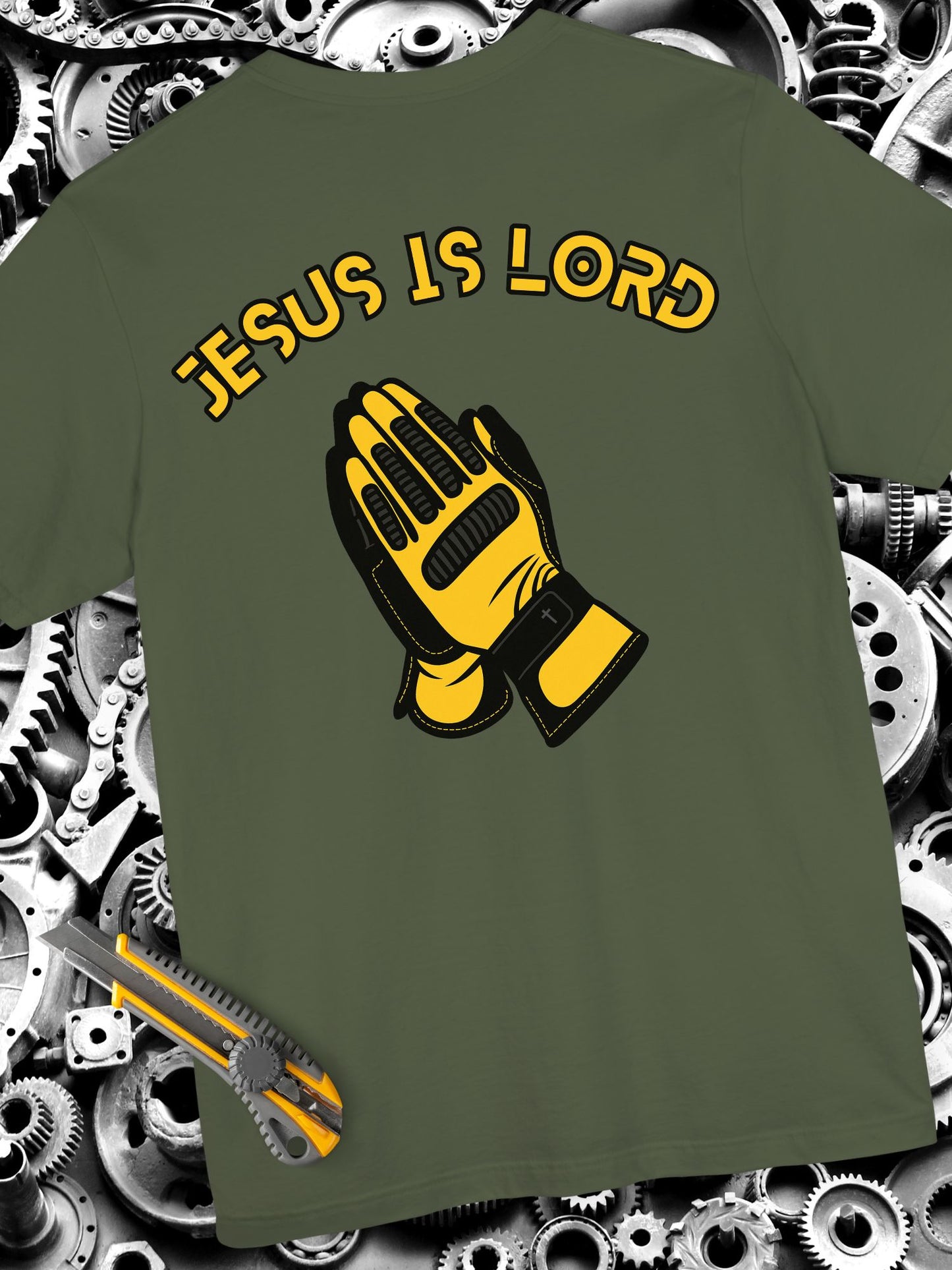 "Jesus is Lord" Mechanic or Box Handler Gloves Prayer Hands Tee, Unisex Short T-shirt, Faith-Based Apparel, Christian Gift, Casual Everyday Wear