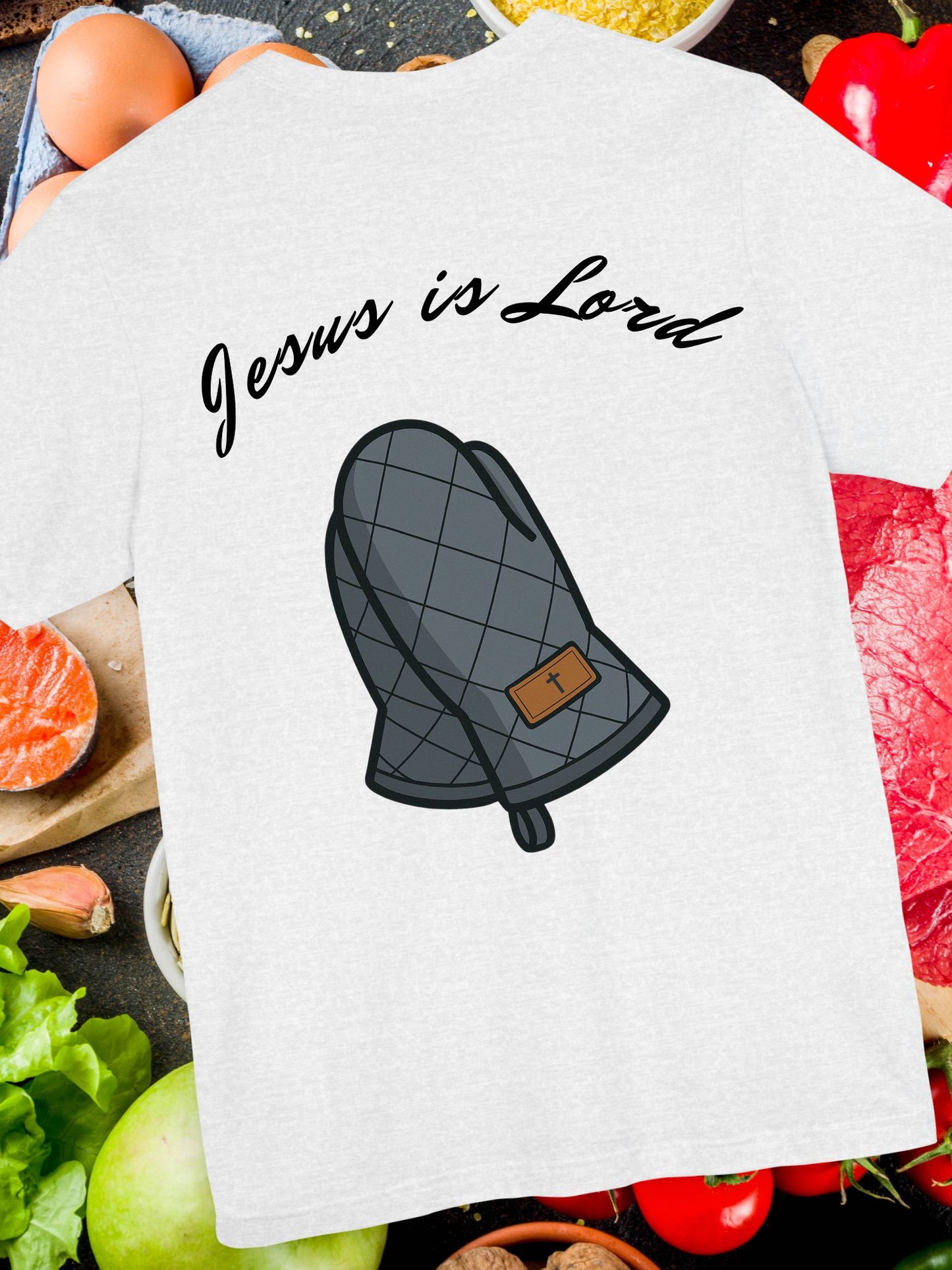 Unisex T-Shirt - 'Jesus is Lord' with Oven Mitt prayer Hands Design