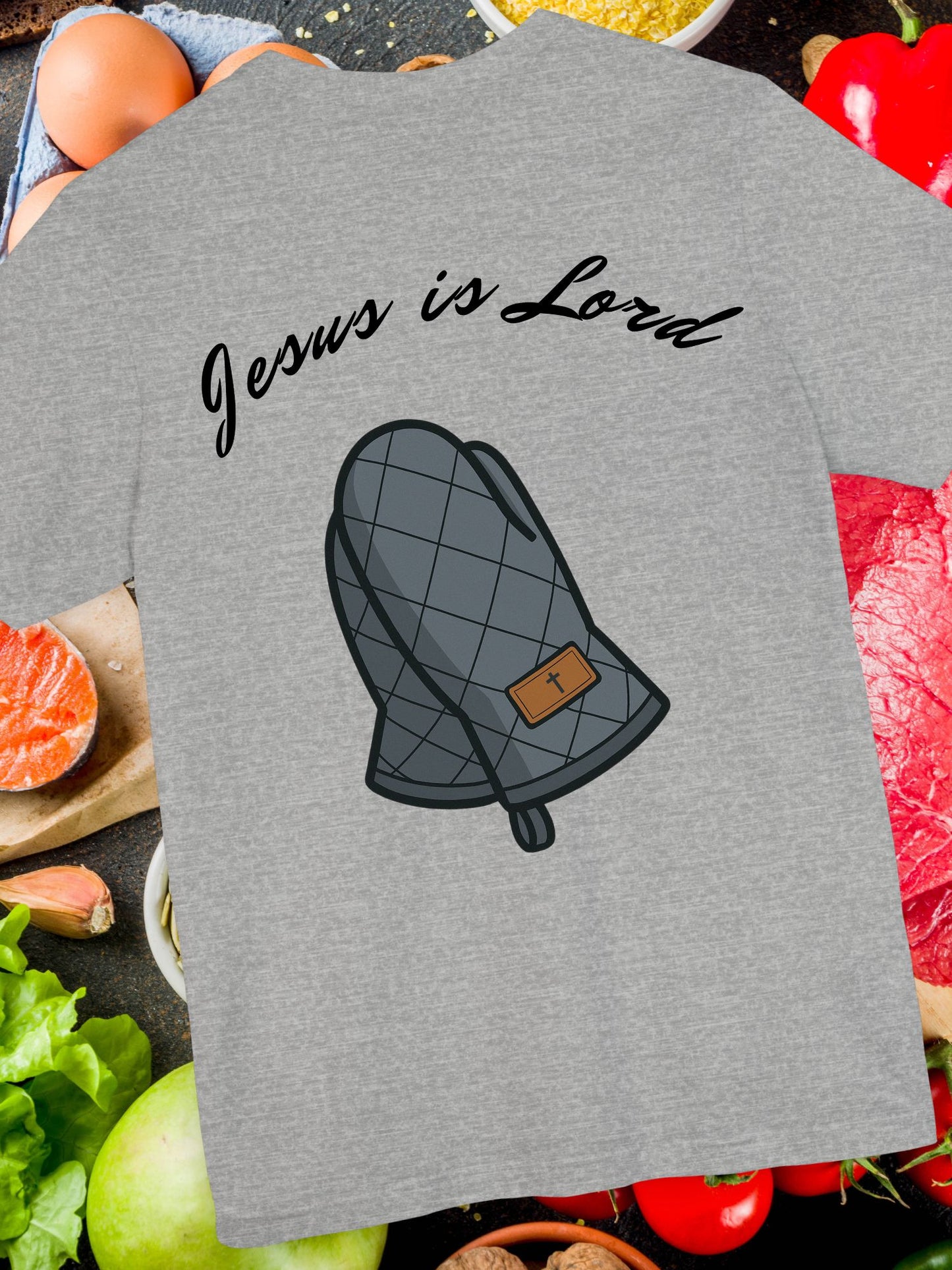 Unisex T-Shirt - 'Jesus is Lord' with Oven Mitt prayer Hands Design