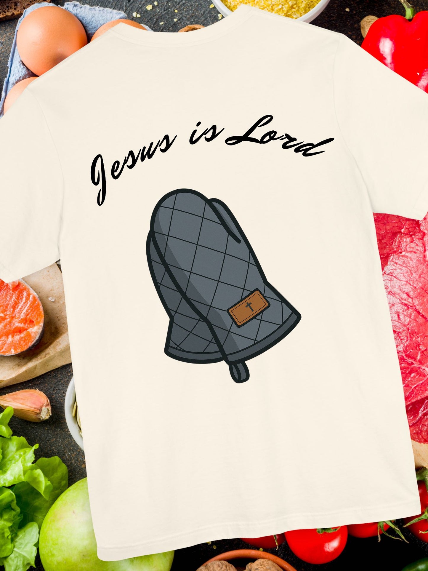 Unisex T-Shirt - 'Jesus is Lord' with Oven Mitt prayer Hands Design