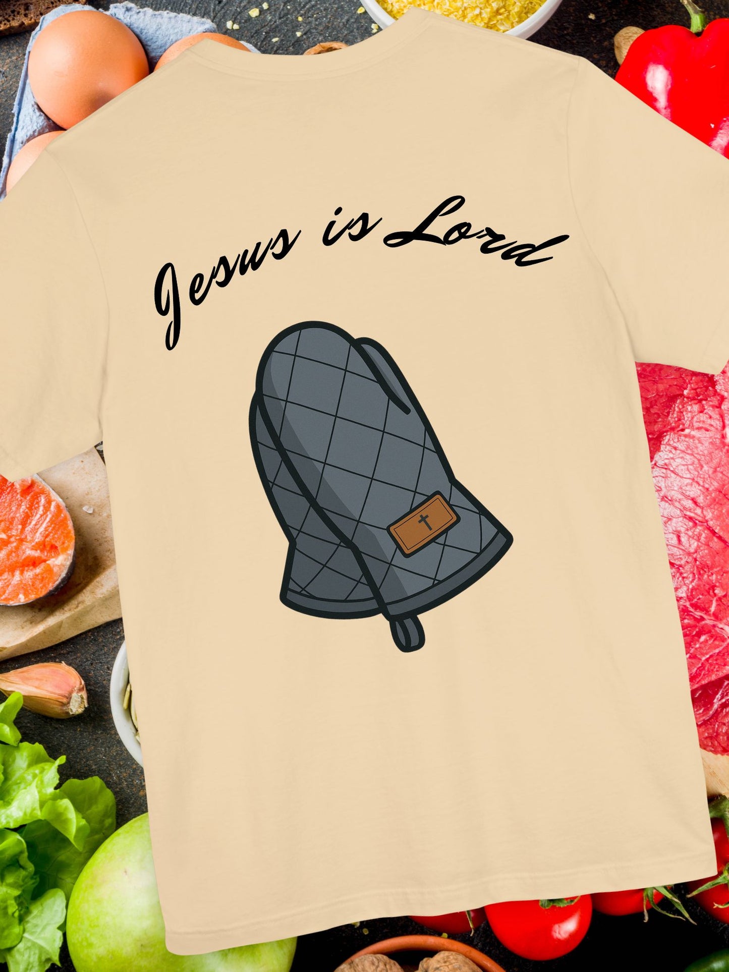 Unisex T-Shirt - 'Jesus is Lord' with Oven Mitt prayer Hands Design