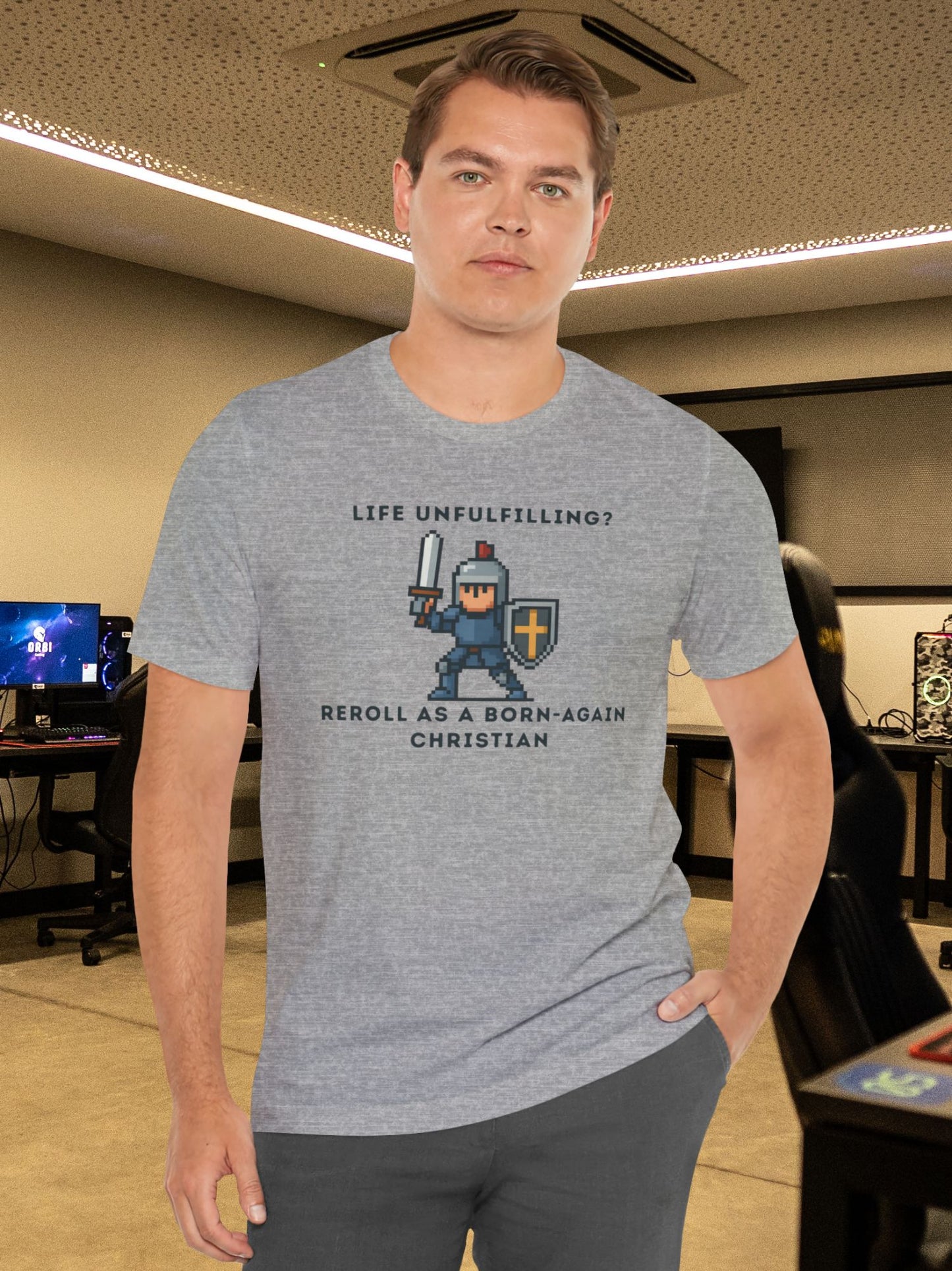 'Life Unfulfilling? Reroll as a Born-Again Christian' Unisex T-Shirt, Christian Gift, Religious Apparel, Gamer T-Shirt, Motivational Message