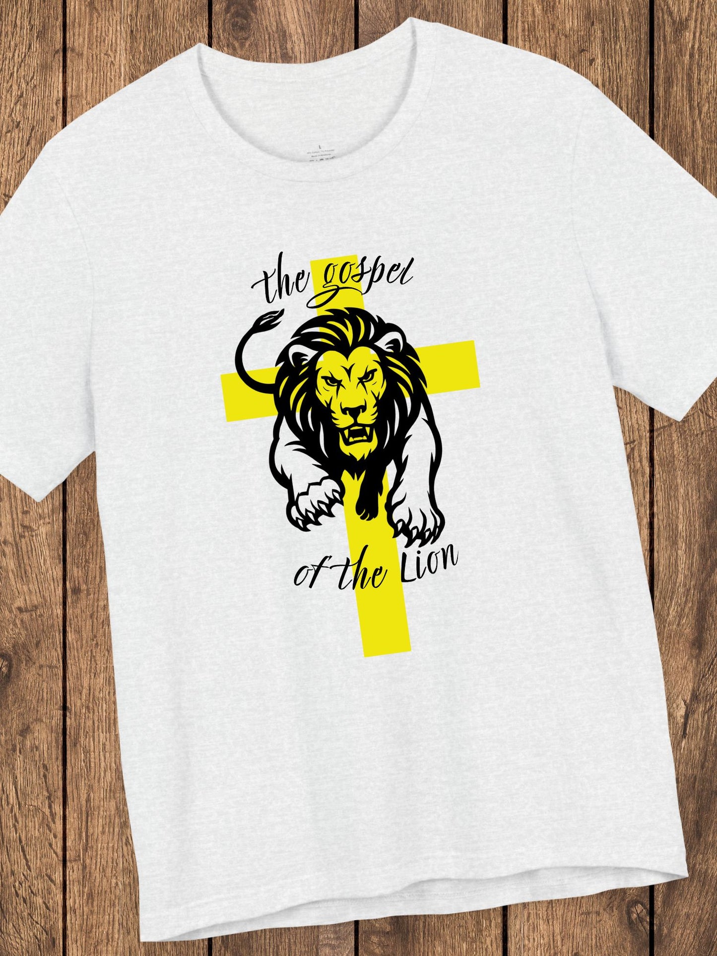 'The Gospel of the Lion' Unisex T-Shirt (yellow cross, black text), Jesus Tee, Christian Apparel