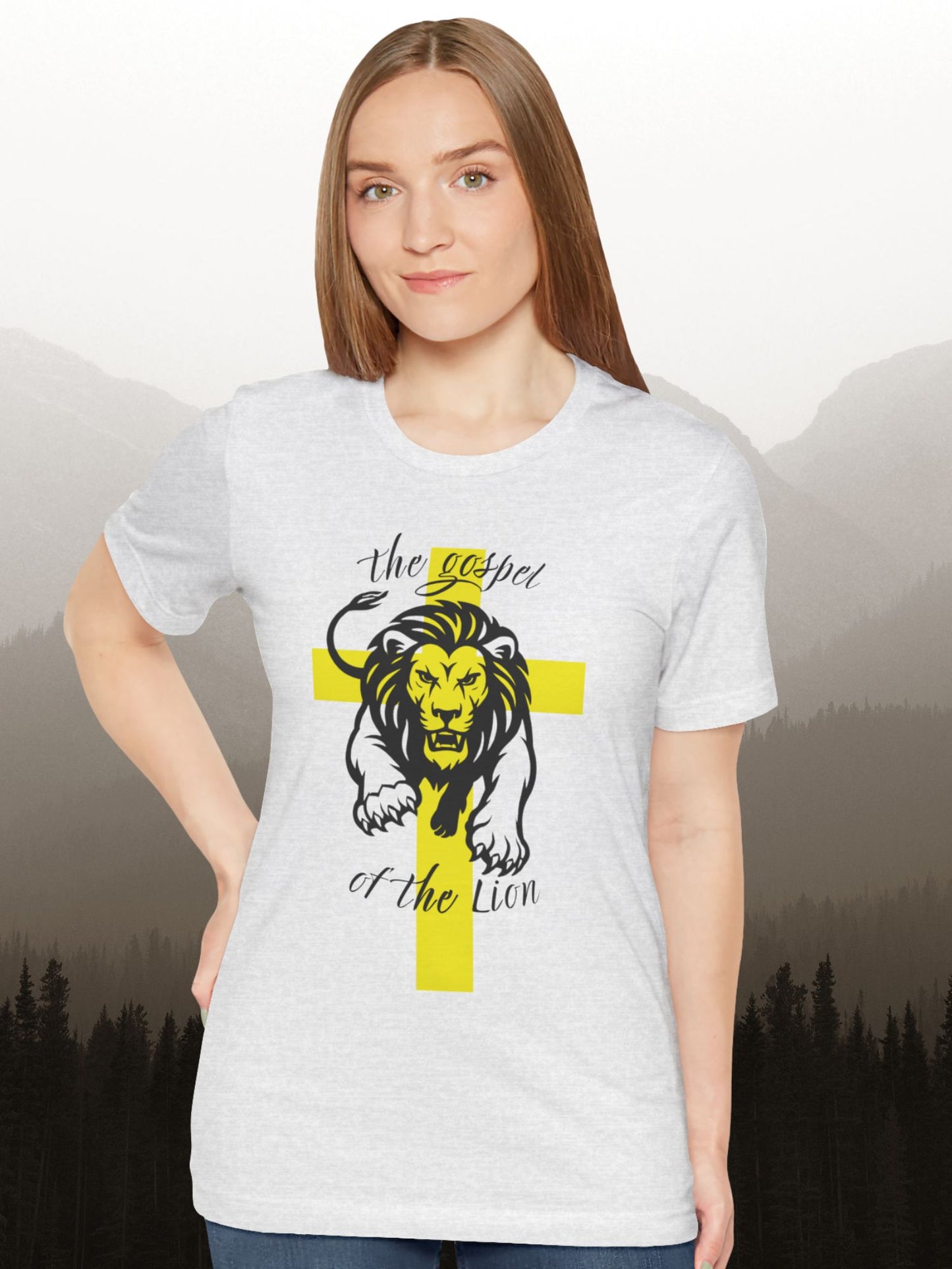 'The Gospel of the Lion' Unisex T-Shirt (yellow cross, black text), Jesus Tee, Christian Apparel