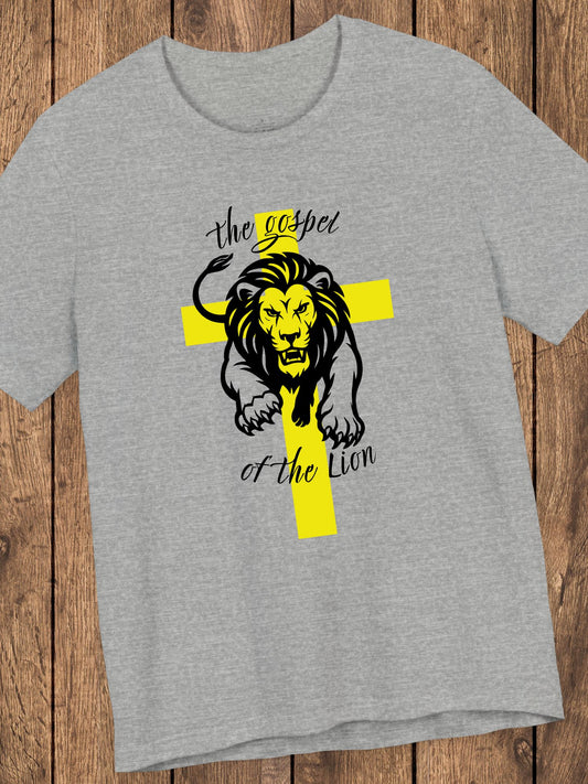 'The Gospel of the Lion' Unisex T-Shirt (yellow cross, black text), Jesus Tee, Christian Apparel