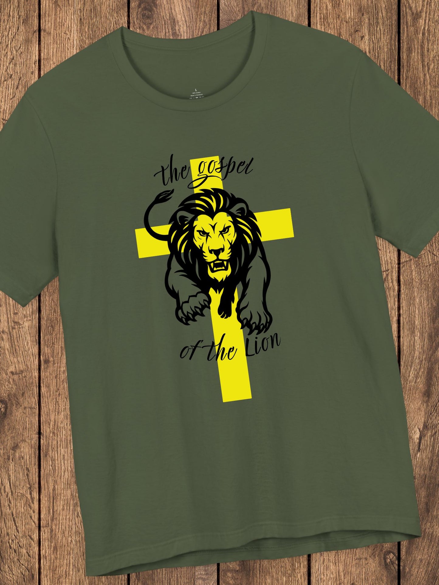 'The Gospel of the Lion' Unisex T-Shirt (yellow cross, black text), Jesus Tee, Christian Apparel
