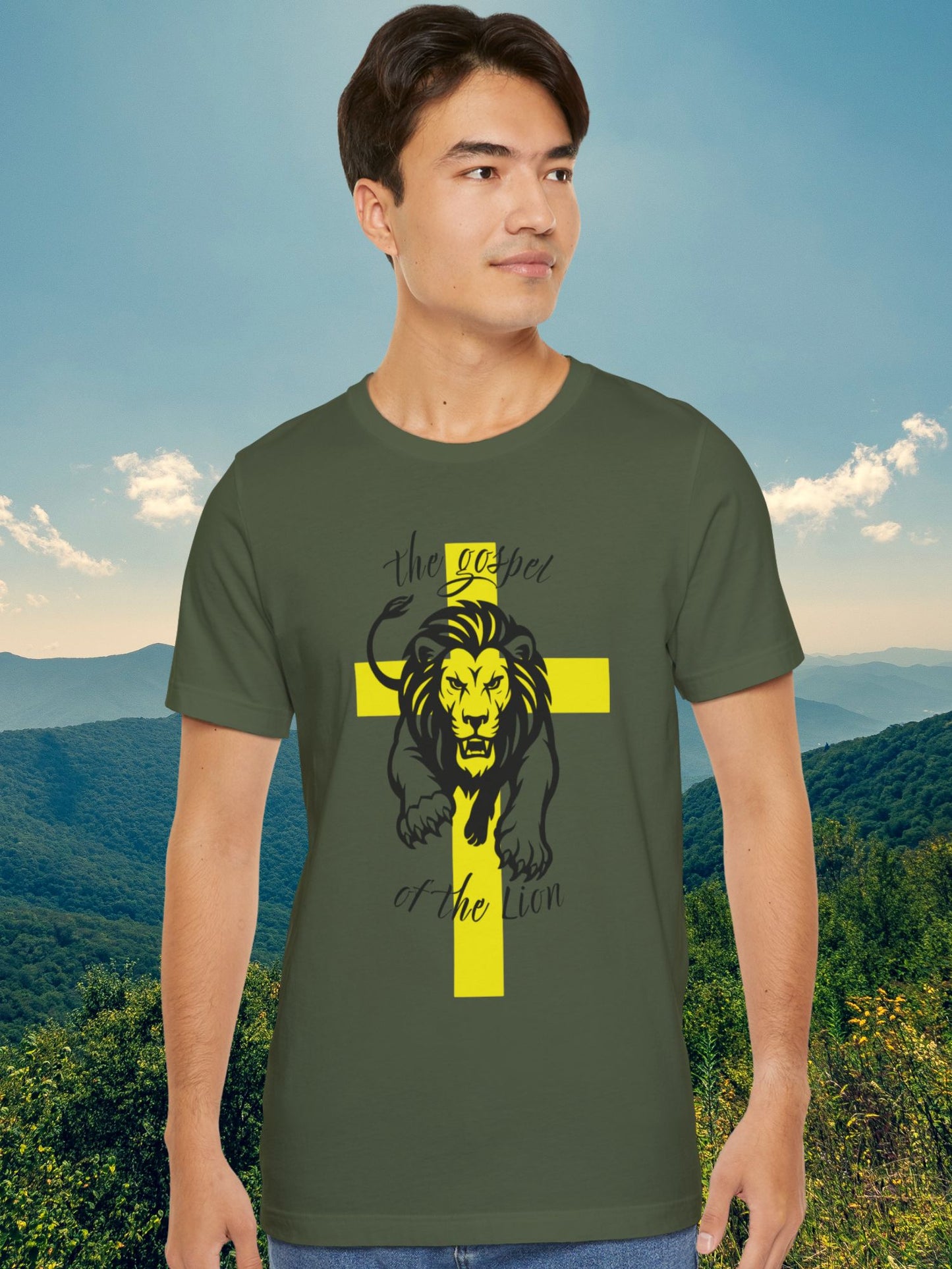 'The Gospel of the Lion' Unisex T-Shirt (yellow cross, black text), Jesus Tee, Christian Apparel