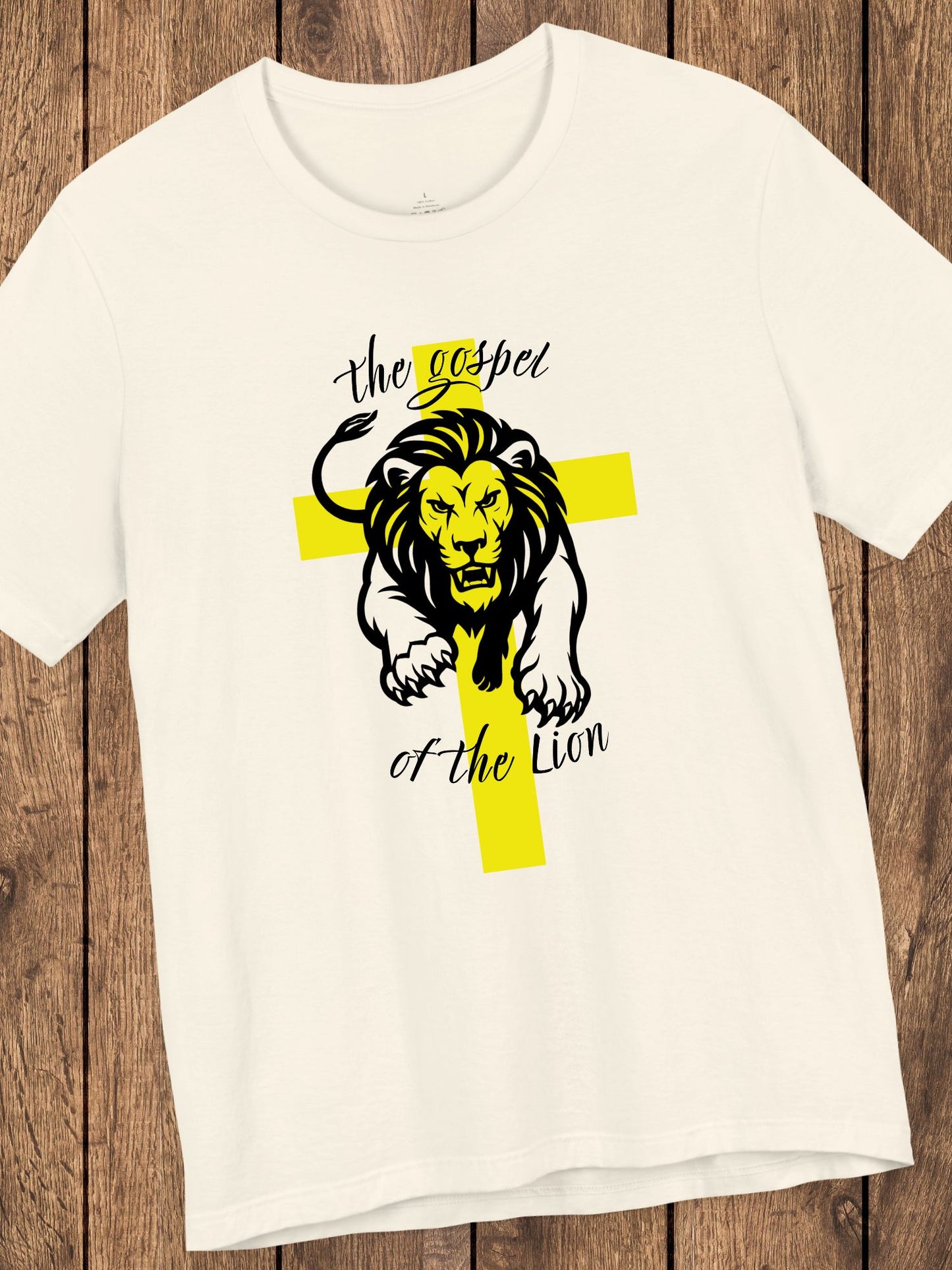 'The Gospel of the Lion' Unisex T-Shirt (yellow cross, black text), Jesus Tee, Christian Apparel