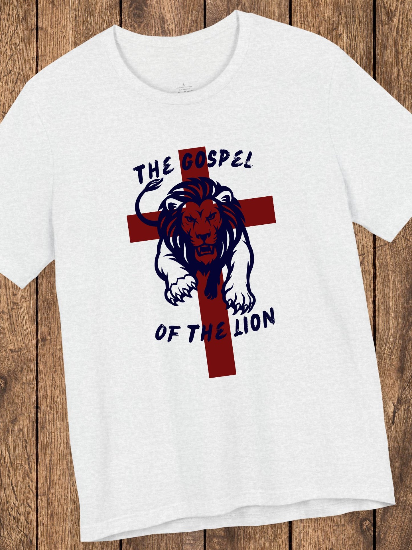 'The Gospel of the Lion' Unisex T-Shirt (red cross, navy text), Jesus Tee, Christian Apparel