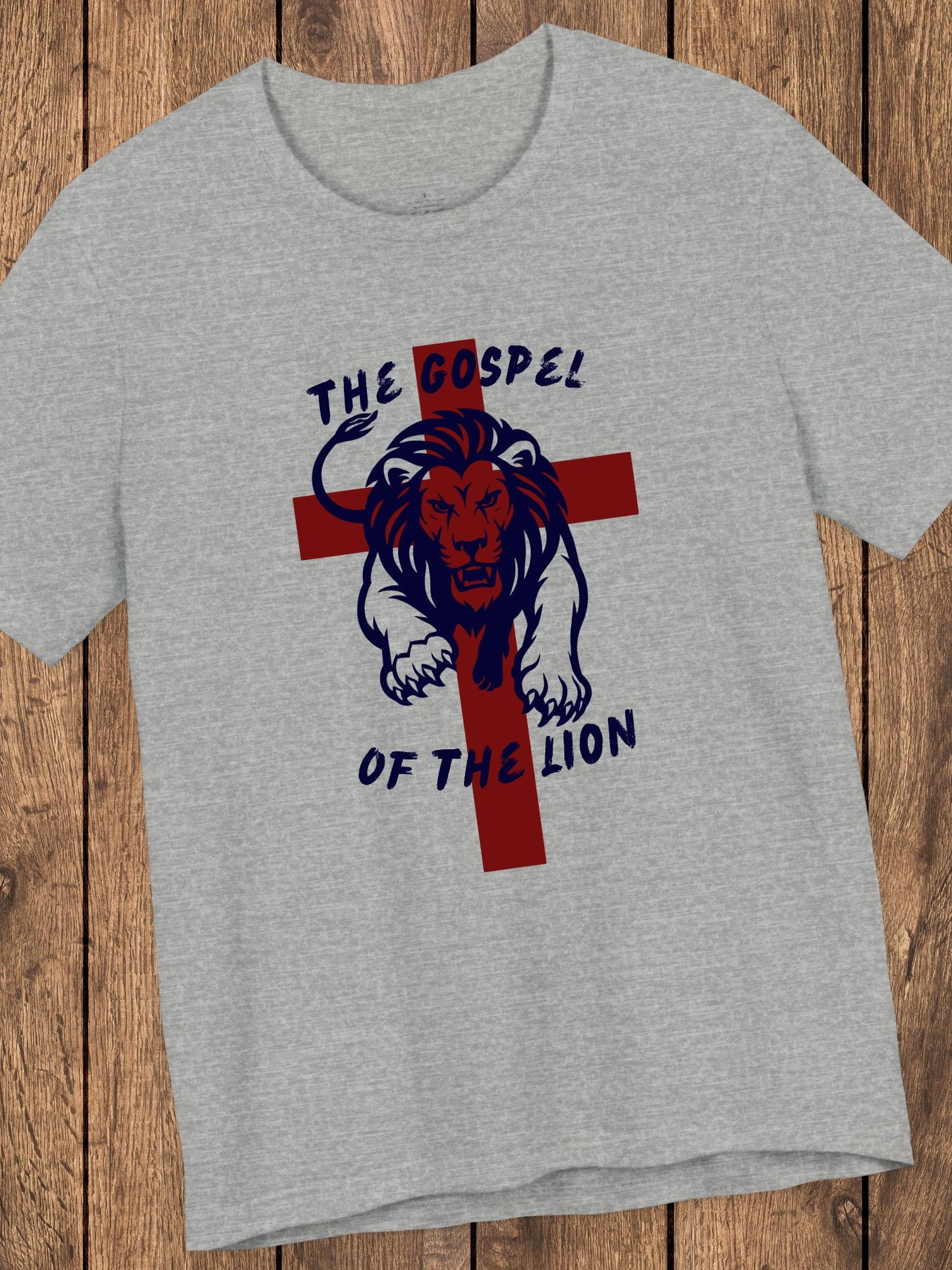 'The Gospel of the Lion' Unisex T-Shirt (red cross, navy text), Jesus Tee, Christian Apparel