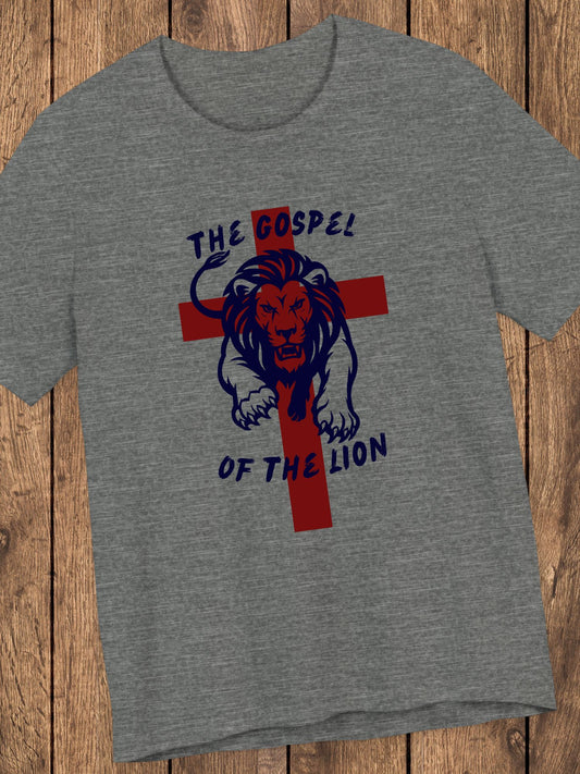 'The Gospel of the Lion' Unisex T-Shirt (red cross, navy text), Jesus Tee, Christian Apparel