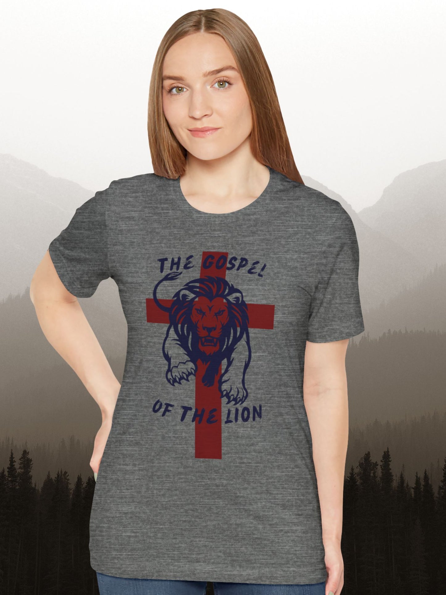 'The Gospel of the Lion' Unisex T-Shirt (red cross, navy text), Jesus Tee, Christian Apparel